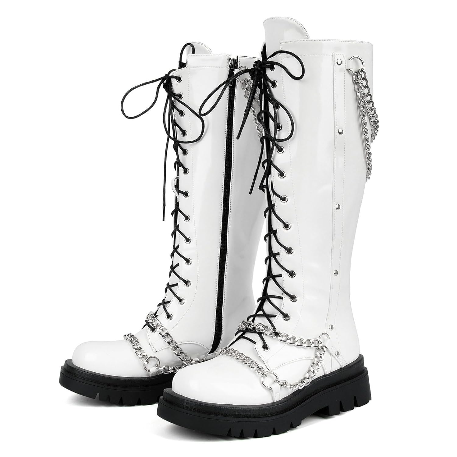 Parisuit Womens Goth Knee High Platform Combat Boots Lace Up Chunky Heel Motorcycle Boots with Chain