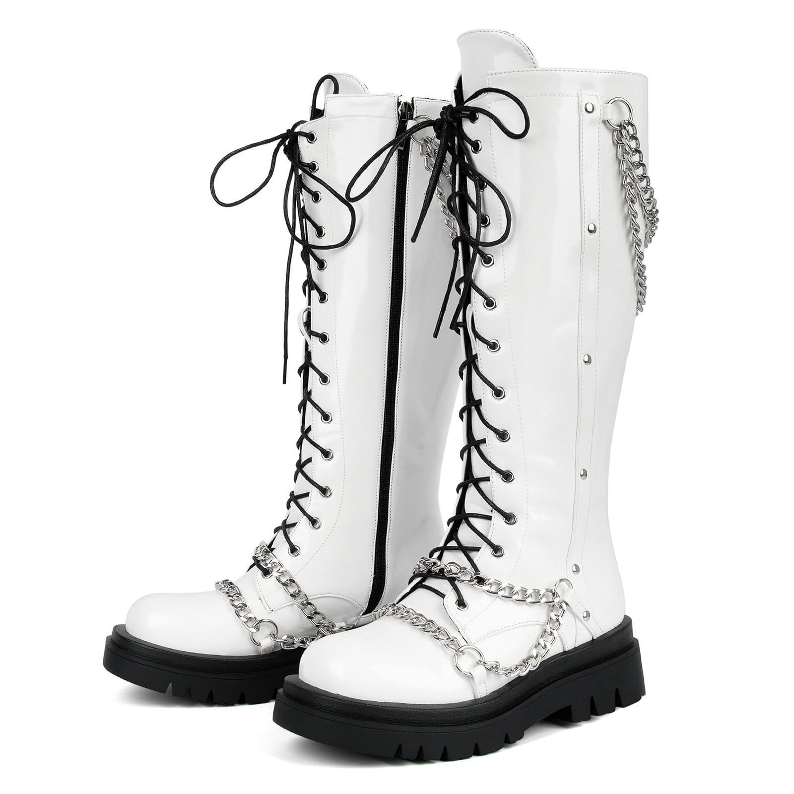 Parisuit Womens Goth Knee High Platform Combat Boots Lace Up Chunky Heel Motorcycle Boots with Chain