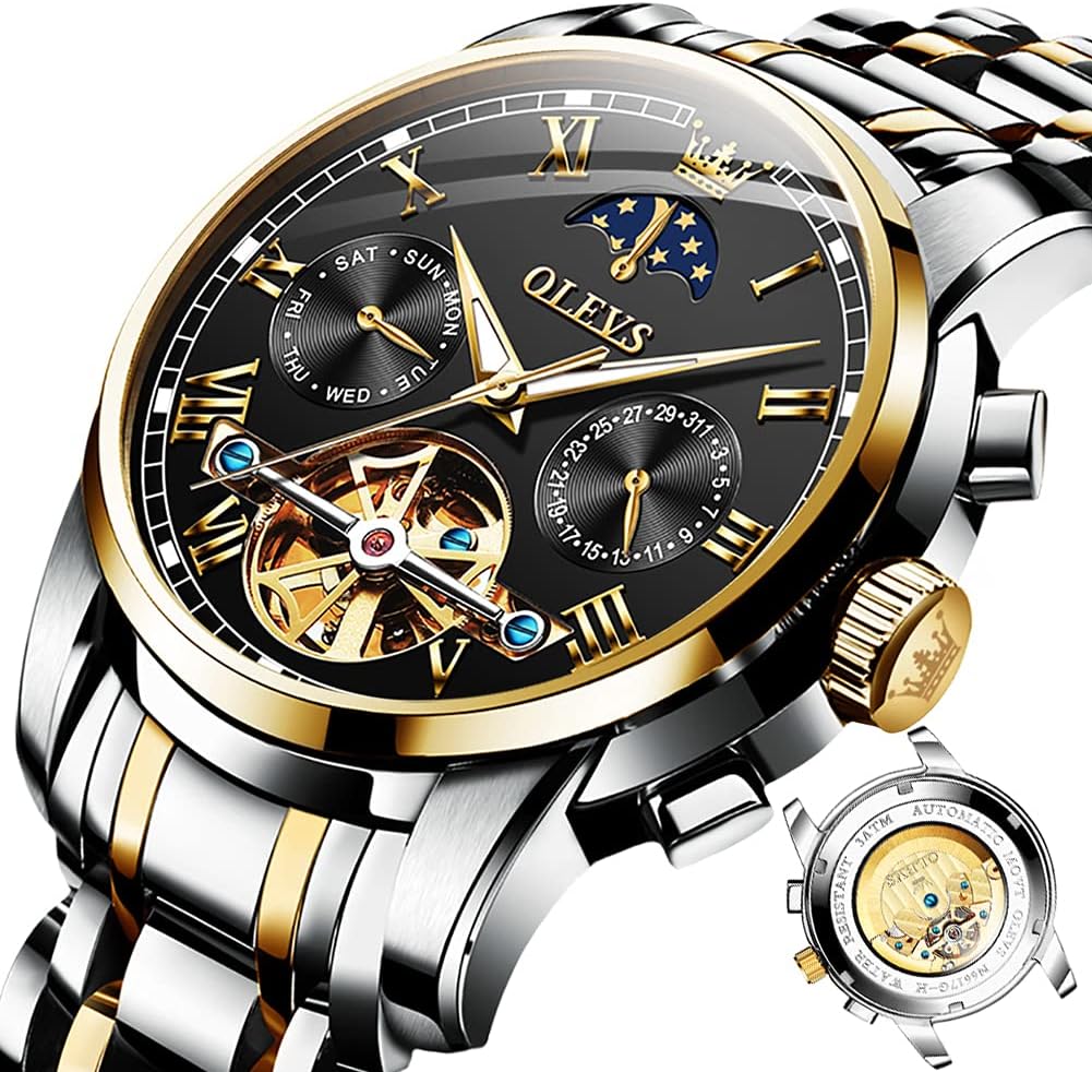 OLEVSMens Automatic Watches Self Winding Mechanical Dress Wrist Watch Multifunction Calendar Hidden Button Sun Moon Display Waterproof Luminous