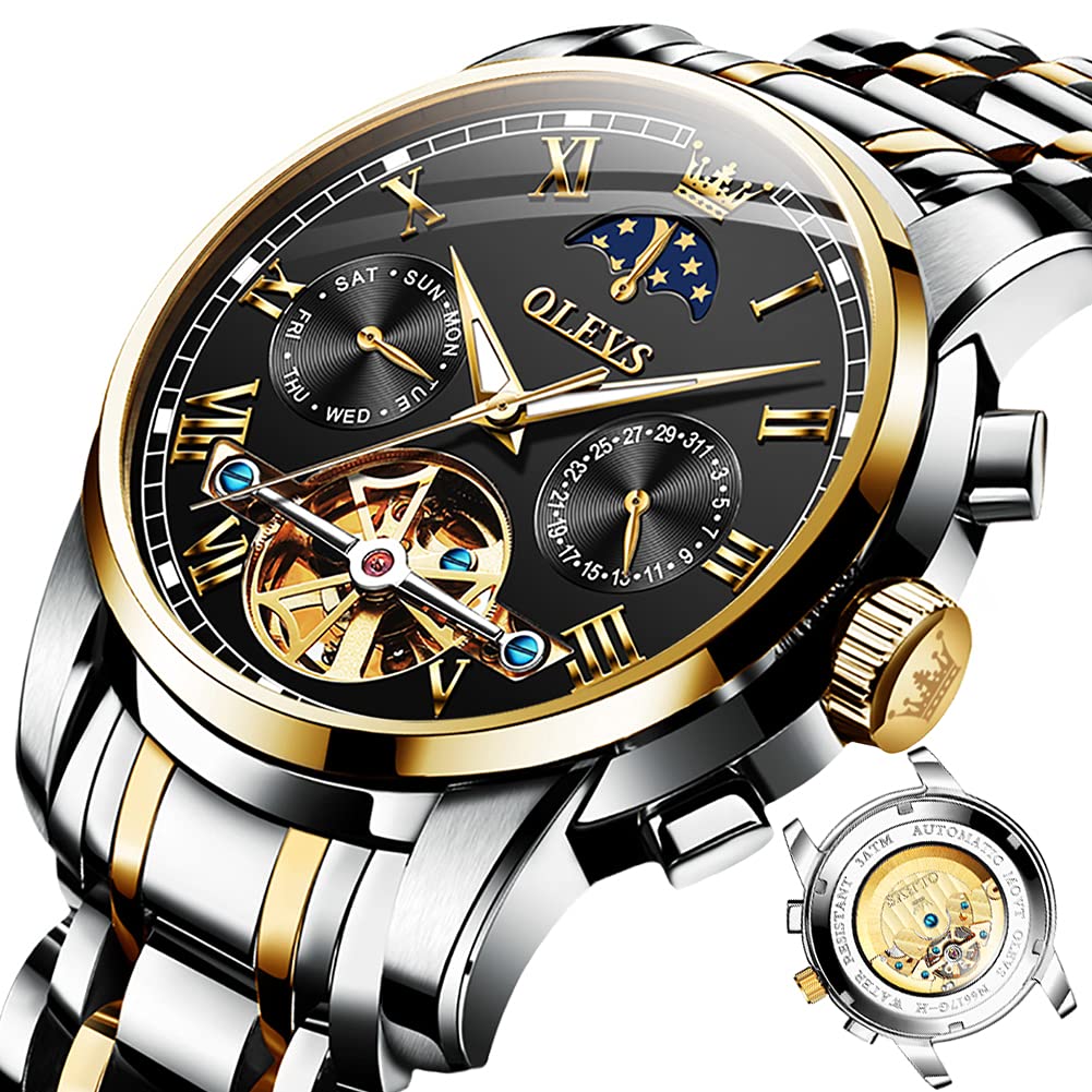 OLEVSMens Automatic Watches Self Winding Mechanical Dress Wrist Watch Multifunction Calendar Hidden Button Sun Moon Display Waterproof Luminous