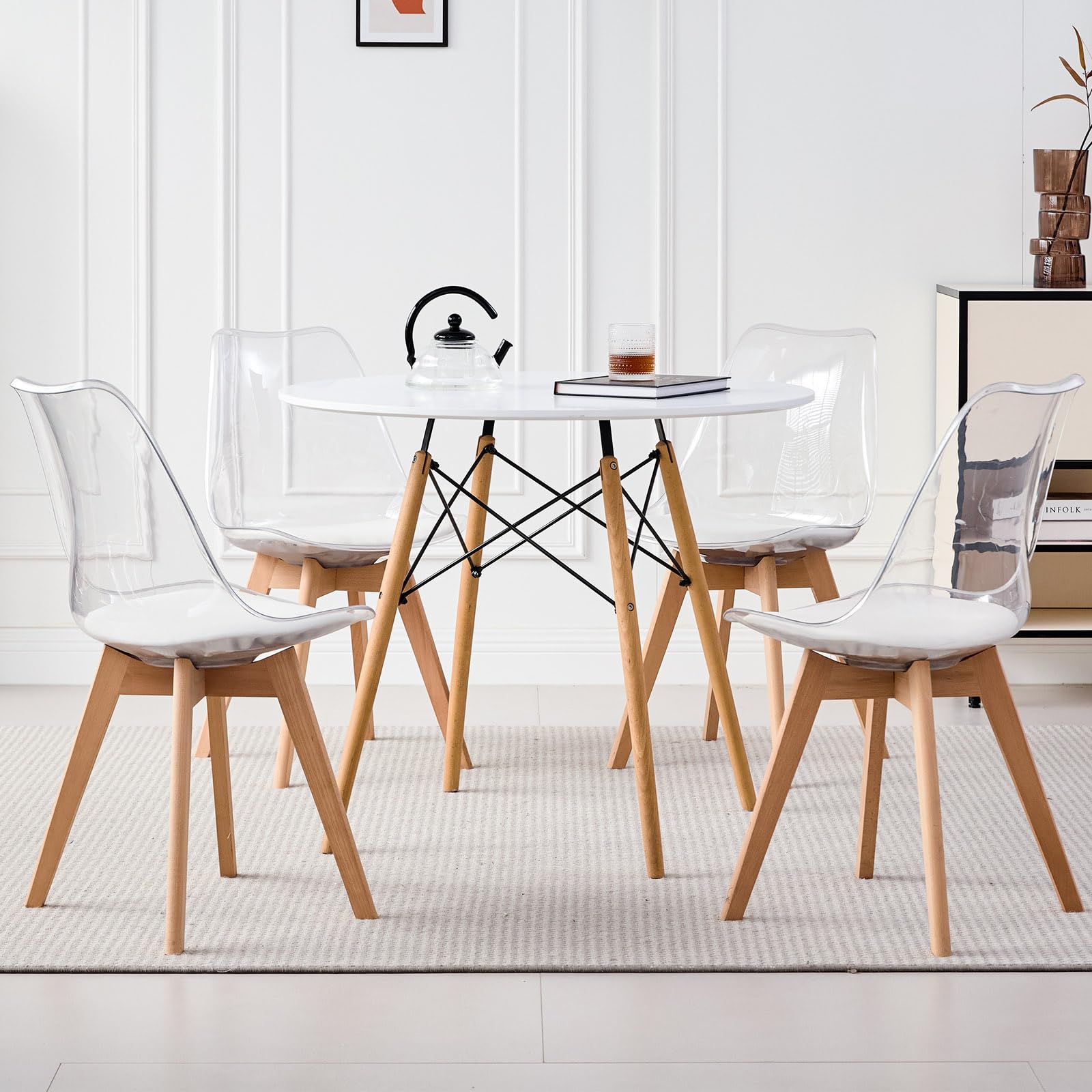 Lecafur HL 5-Piece Round Dining Table Set, Small Kitchen Table Chairs Set of 4 Space Saving Furniture, Clear Acrylic Chairs, Solid Wood Legs, for