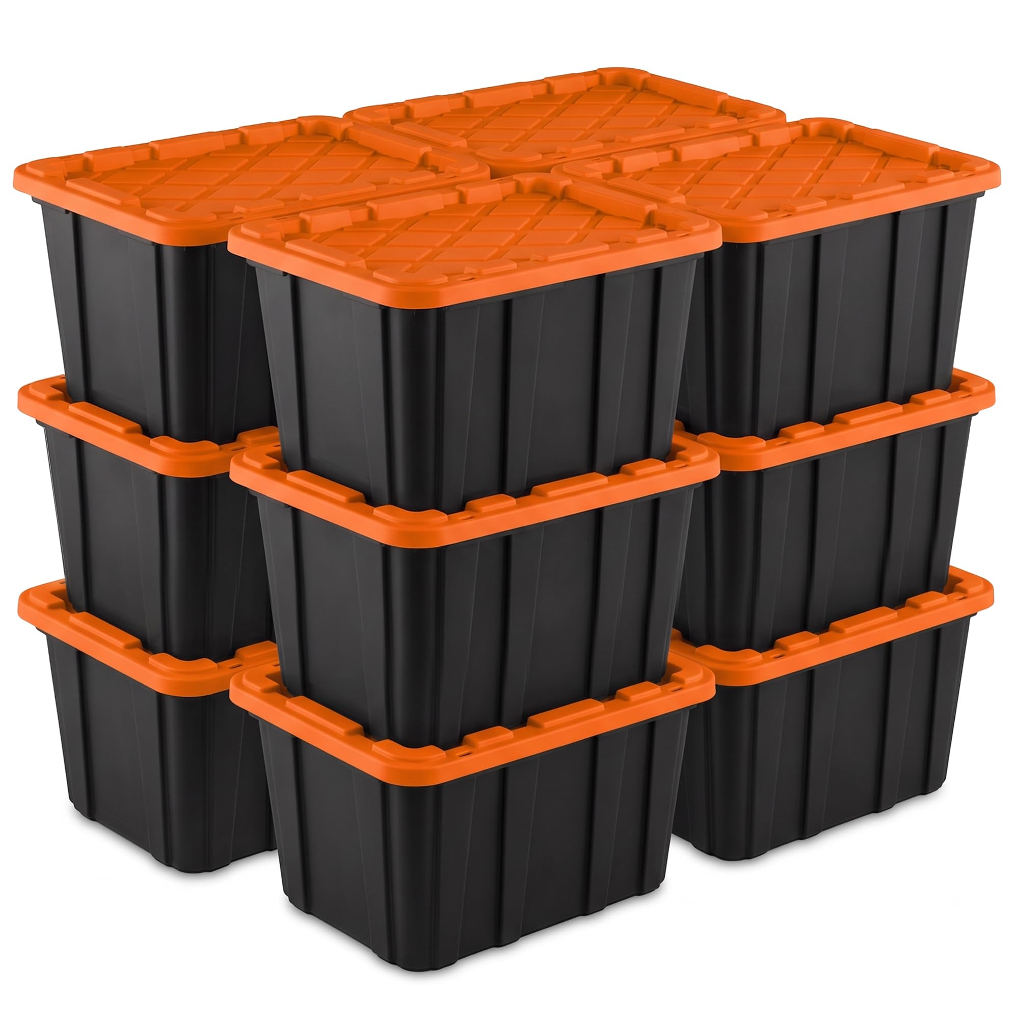 Sterilite 12 Pack 27 Gallon Industrial Tote with Snap Fit Lid, Orange/Black