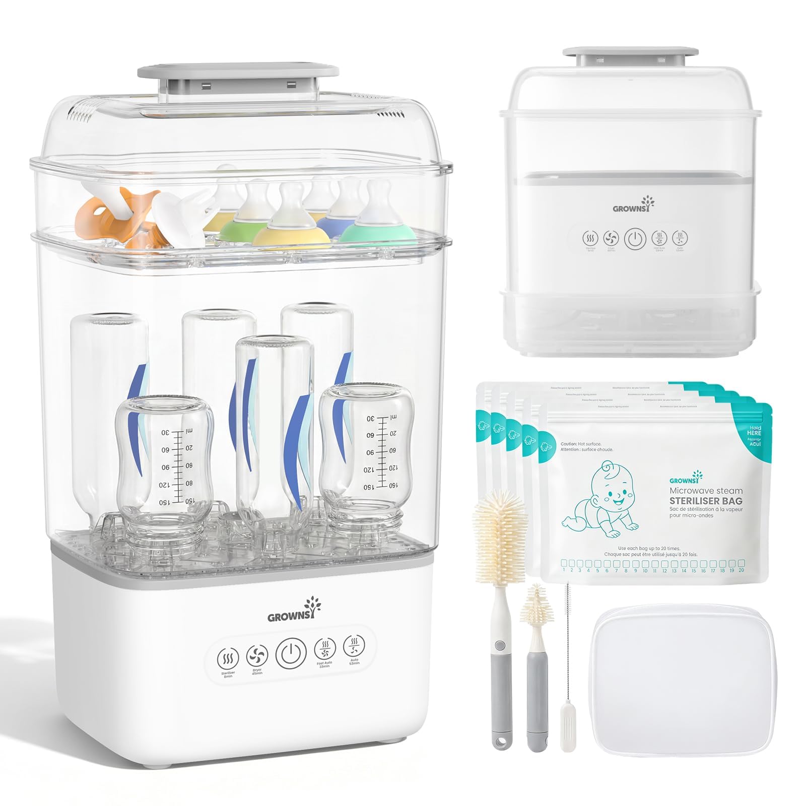 Grownsy Babyflaschen Sterilisator mit Trockner, 6 Flaschen, 8 Min Schnellsterilisation, platzsparendes Design, für Babyflaschen, Sauger & Milchpumpenzubehör, Reiseset inklusive