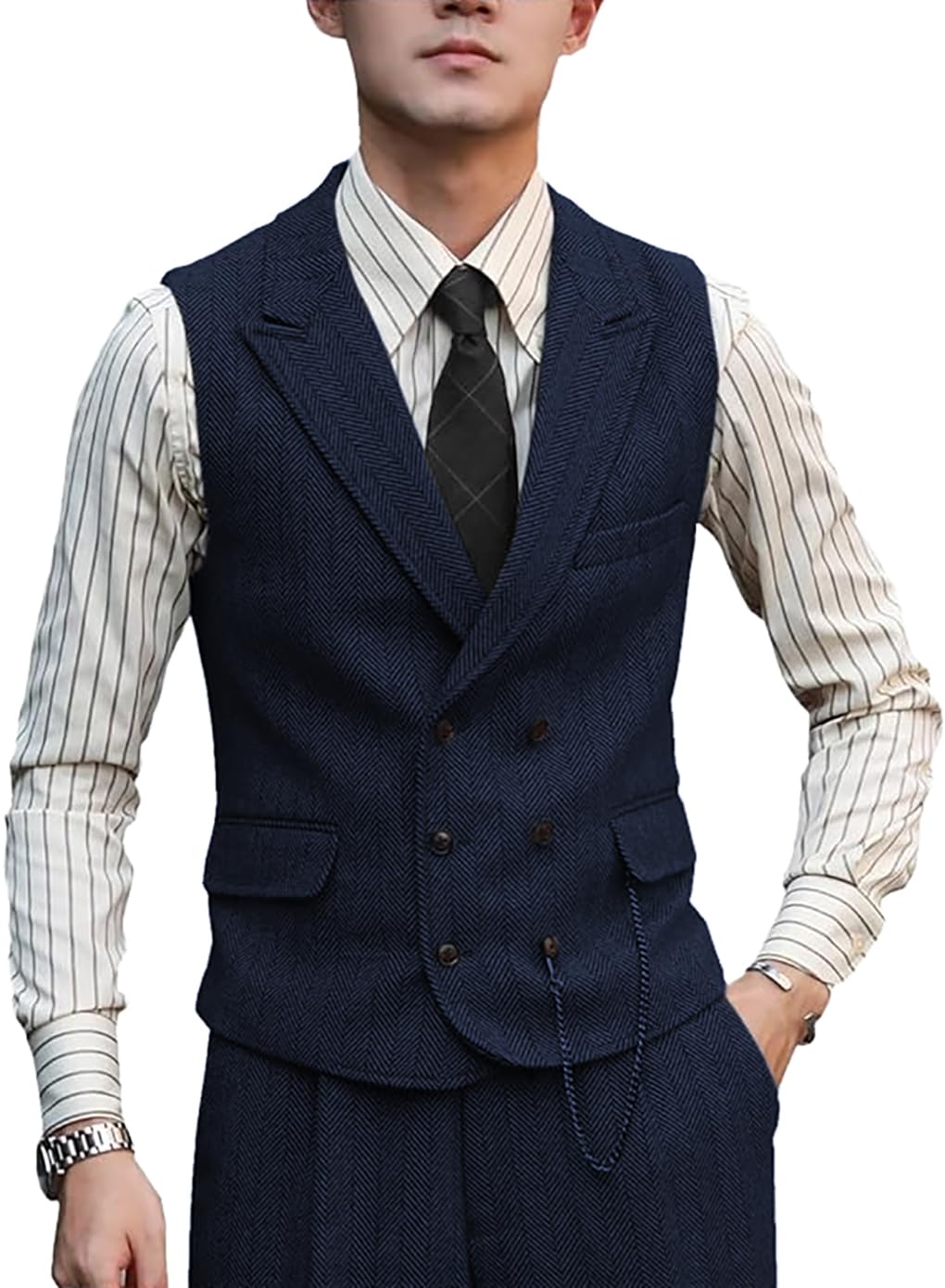 Zeattall Men Vests Wool Herringbone Tweed Suit Vest Double Breasted Waistcoat, Navy, XX-L