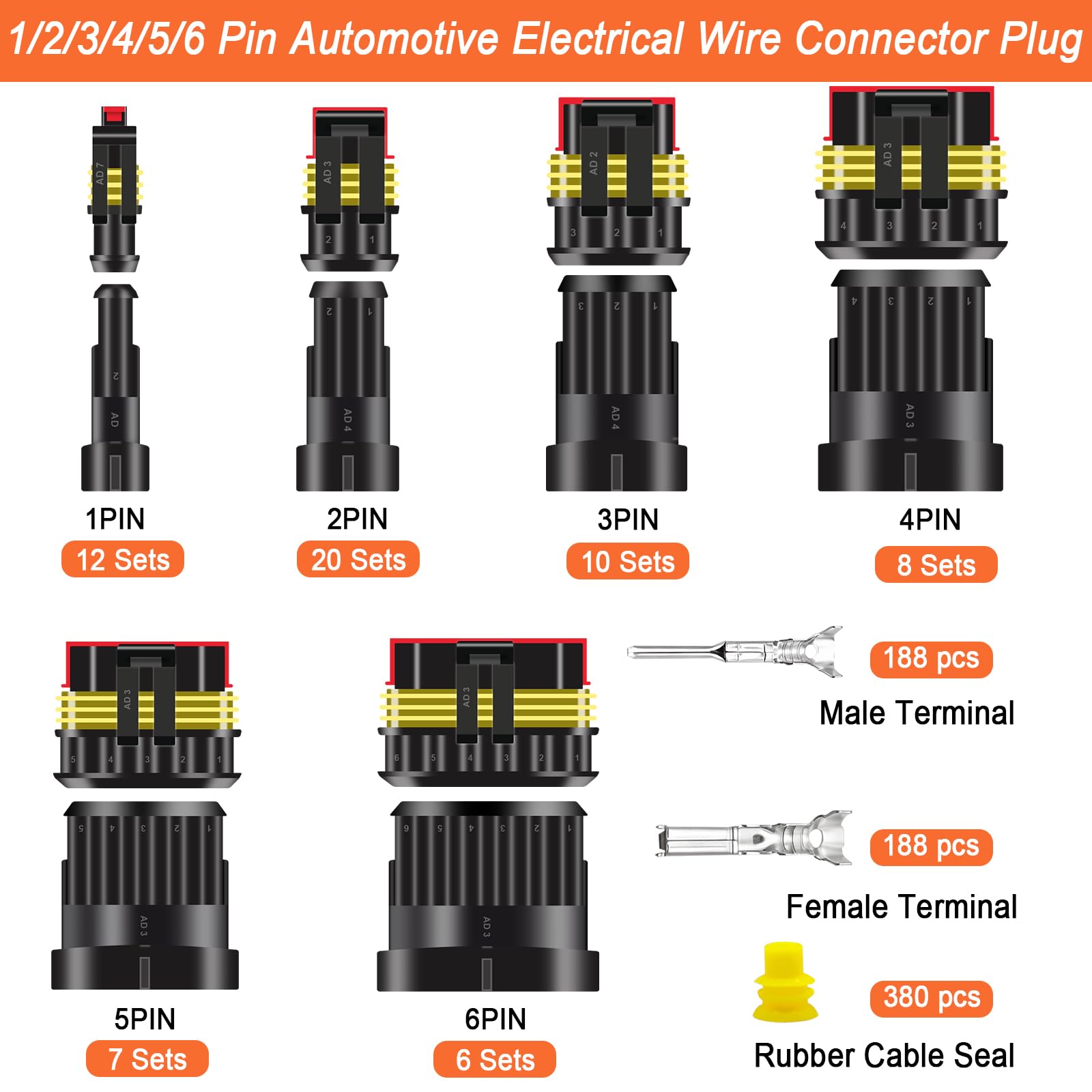 Set di 63 connettori elettrici impermeabili per auto, 1/2/3/4/5/6 pin, 1008 pezzi, kit di connettori per cavi elettrici impermeabili maschio e femmina con strumento di crimpatura a cricchetto
