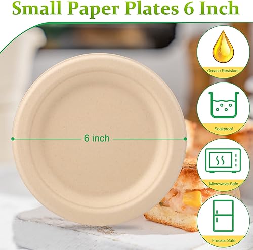 Miniatura 2 de Platos de papel desechables compostables, 6 pulgadas, paquete de 100, marrón, resistente, ideal para postres, pasteles, aperitivos