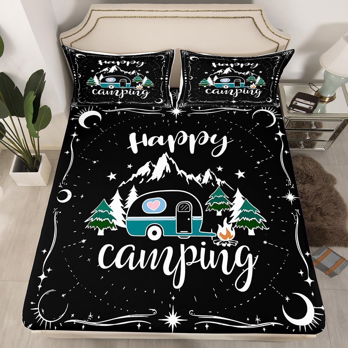 Erosebridal Happy Camping Full Fitted Sheet RV Camper Sheets, Psychedelic Galaxy Bed Sheets Rustic Farmhouse Bed Cover, Travel Trailer Car Bed Set Black Camper Accessories (Deep Pocket)