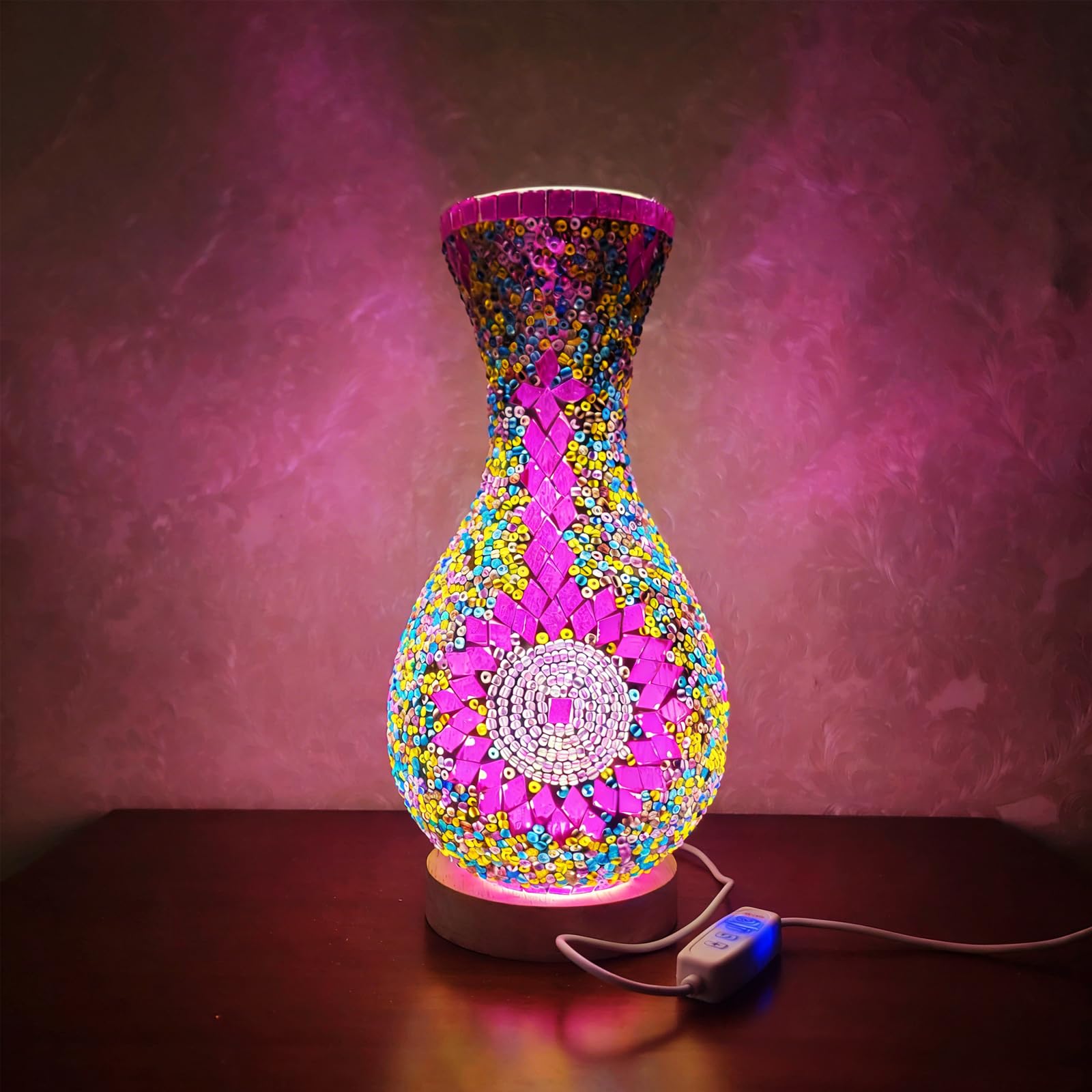 shulovehua Turkish-Style Vase Lamp Mosaic Glass Night Light USB Dimmable 3-Color Handmade Mosaic Vase Can Be Used as a Decorative Flower Vase