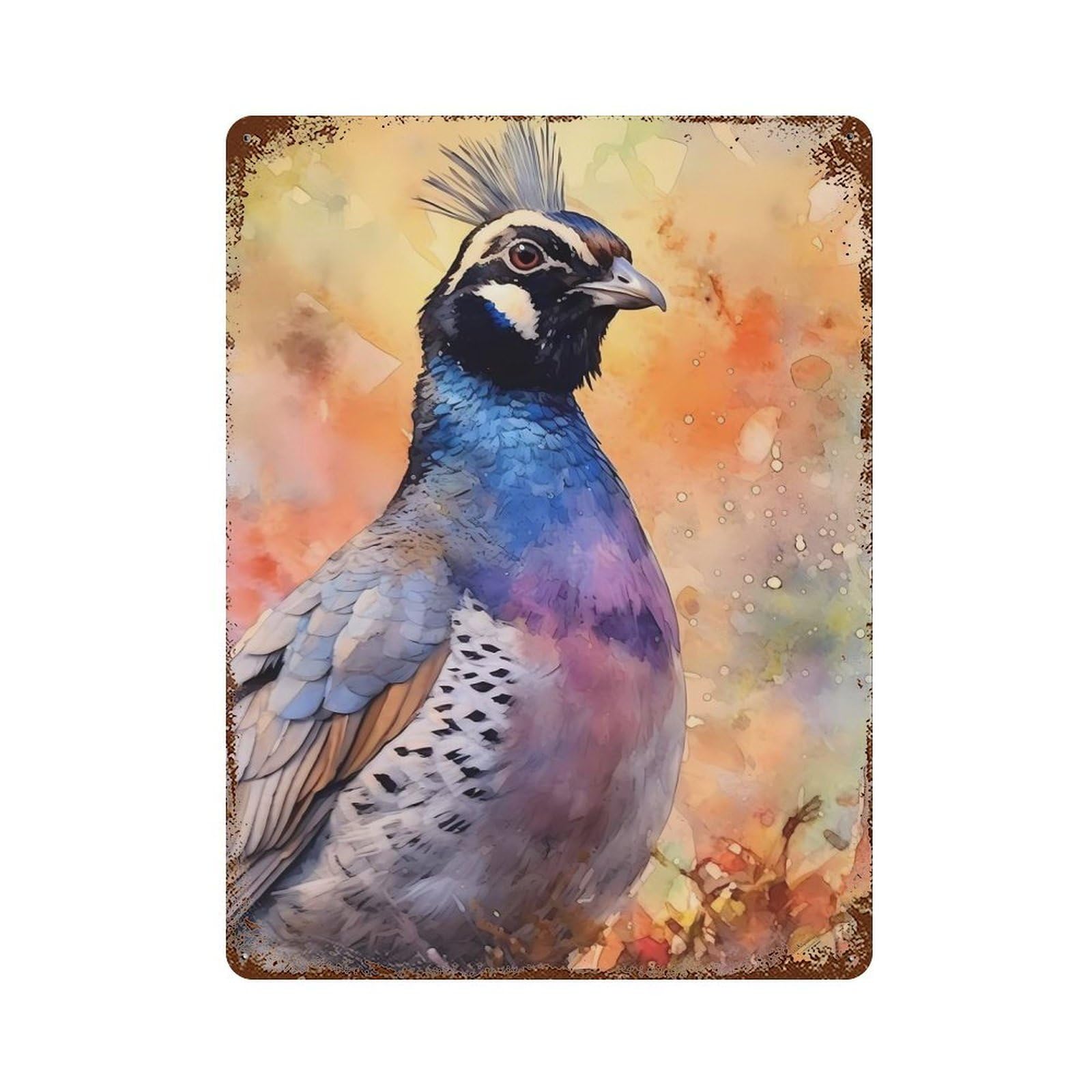 Quail Watercolor Aged Metal Wall Plaque 15.7"x11.8", Industrial Home Decor for Pub, Kitchen And Man Cave Decor