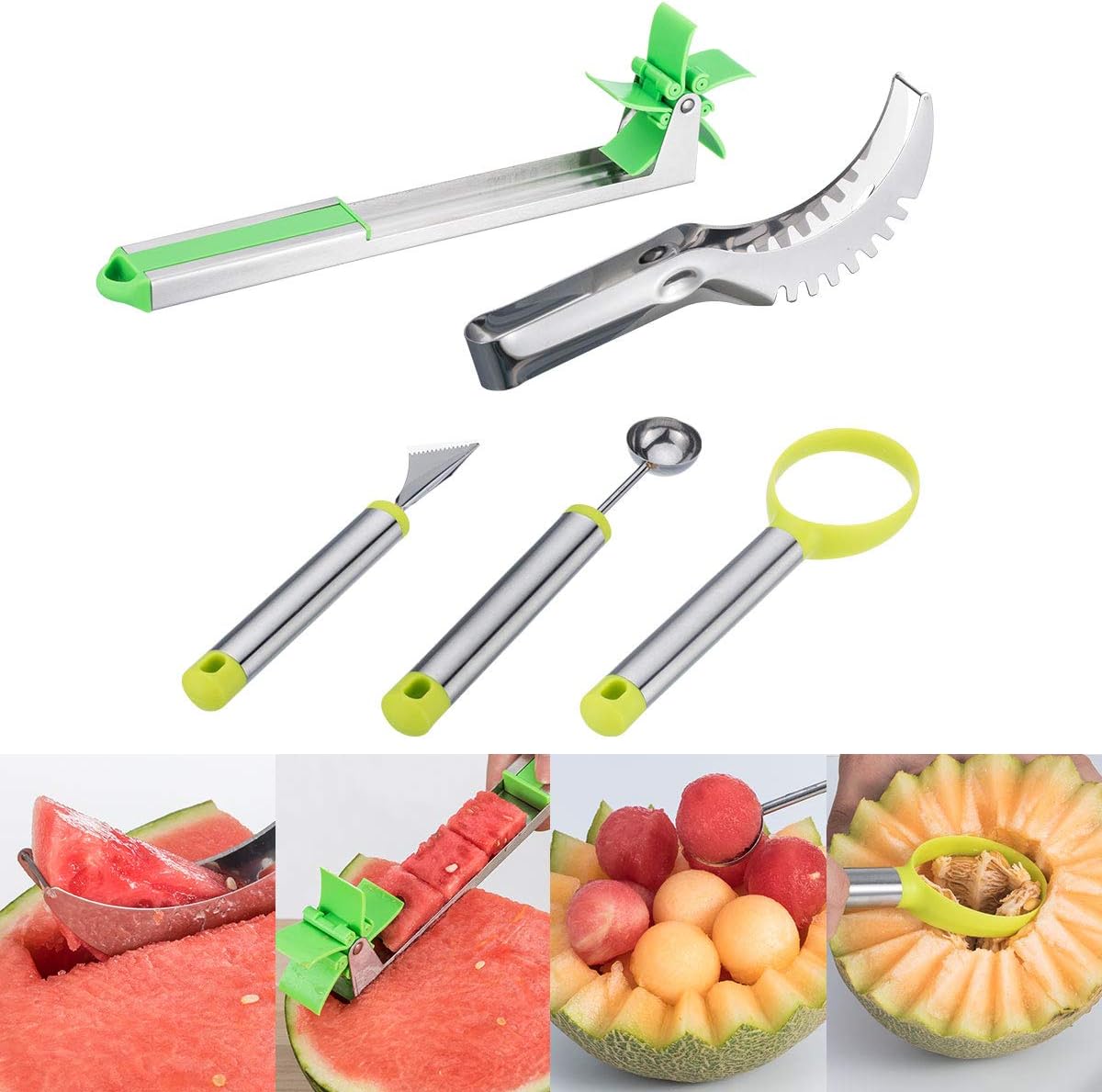 5 Pack Watermelon Windmill Cutter Set - Stainless Steel Watermelon Slicer,Fruit Slicer Carving Kit, Corer Cutter Knife Tongs, Fruit Scoop Dig Pulp Separator, Melon Baller Scoop and Fruit Carving Knife