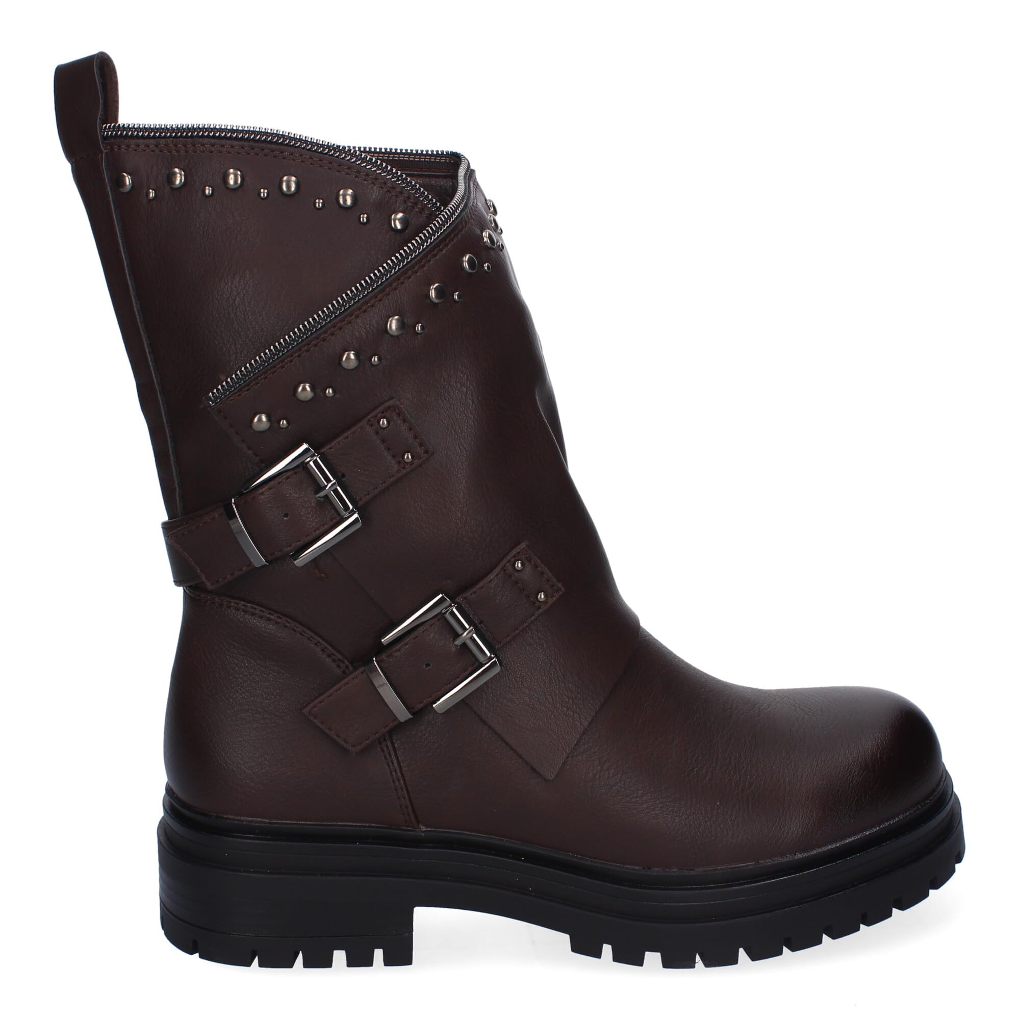 Botas de Mujer con Tachuelas, Estilo Motero, Suela Dentada, Diseno Moderno, Adorno de Cremallera en la Cana y Hebillas Decorativas, Cierre de Cremallera.