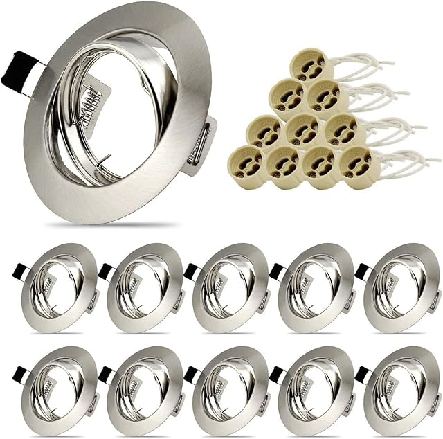 10 X Modern Recessed Light Fittings for Ceiling Round Brushed Chrome Frame for Spot Lights 30° Tilt Adjustable Downlight with GU10 Lamp HolderNo Bulbs