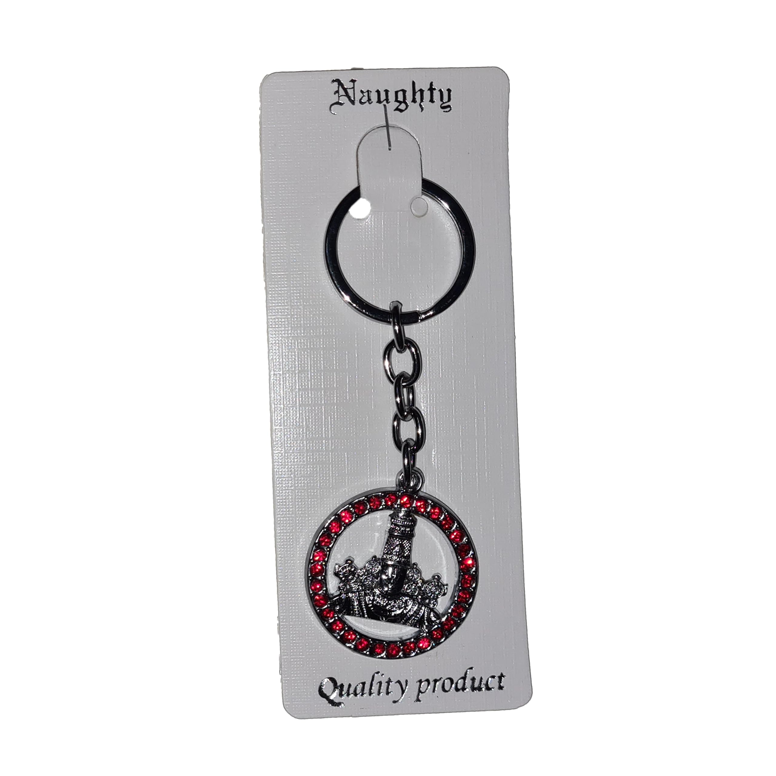 Lord Thirupathi Balaji inside a Round Shape Surrounded By Plastic Red Color Stones | Single Side View |Compact Size | Best For Gifting -1 Keychain-image-4