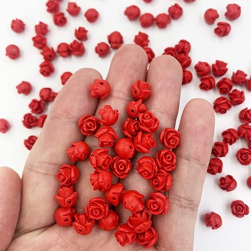 Miniatura 7 de Cuentas de rosas talladas de cinabrio, 100 cuentas de cinabrio de color rojo de 516 pulgadas (0.315 in), cuentas sueltas para hacer joyas, collares,