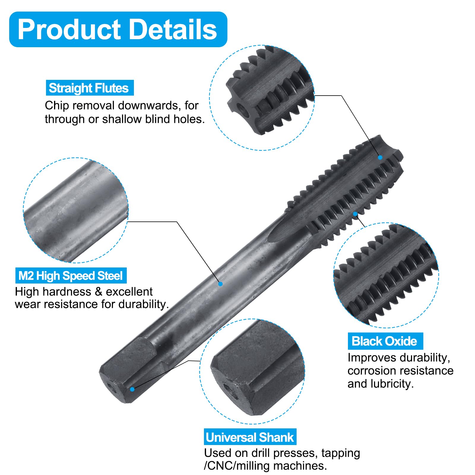Set di maschi e punte da trapano, 1 maschio per filettatura a scanalatura dritta 5/8-11 UNC da 100 mm extra lungo e 1 punta elicoidale da 13,5 mm da 160 mm extra lunga, utensile per filettatura in o