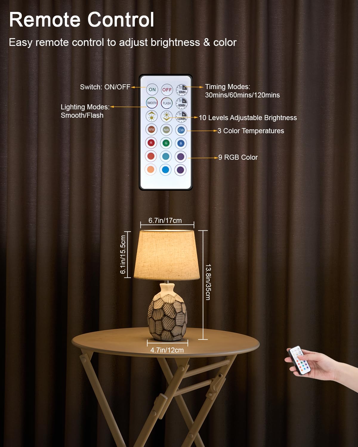 Piccola lampada da tavolo ricaricabile senza fili, 33 cm, base in ceramica costiera | Lampada da comodino a batteria, telecomando RGB, con telecomando, luce calda per camera da letto, soggiorno, cucina, patio