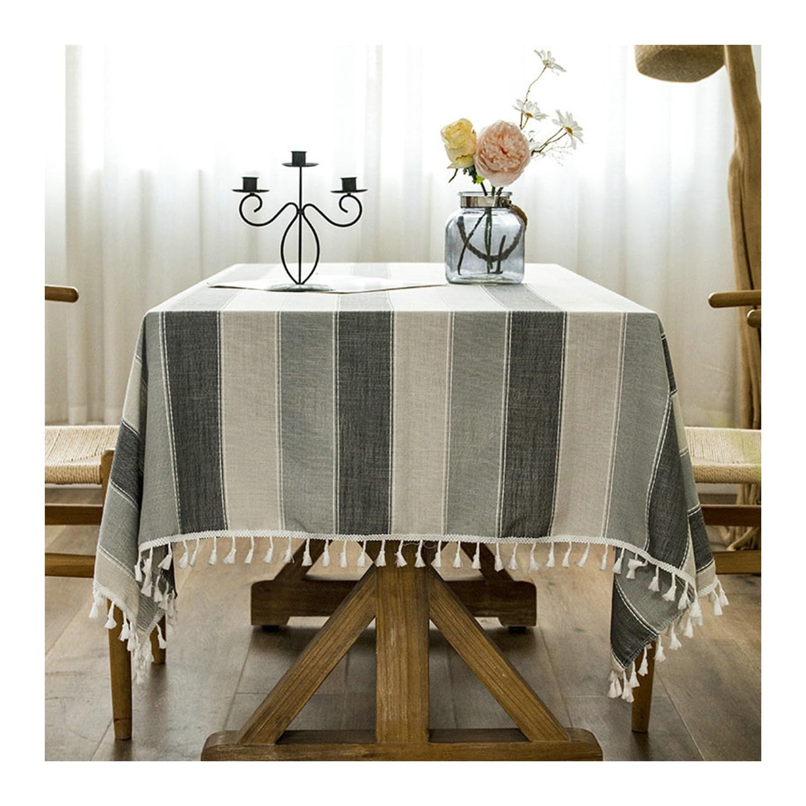 Nappe coton lin 100x160 cm gris clair rayures rectangulaire