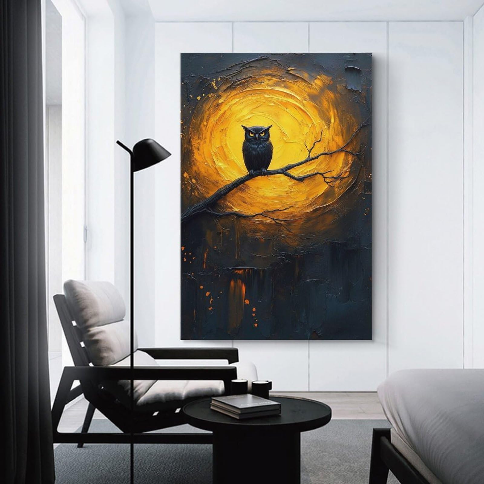 Junmoney Room Decor Wall Art Owl Perched on Branch, Full Moon, 20x30inch(50x75cm), for Office Decor, Home Working Or Creative Rooms, An Interior Accent for Desk Areas