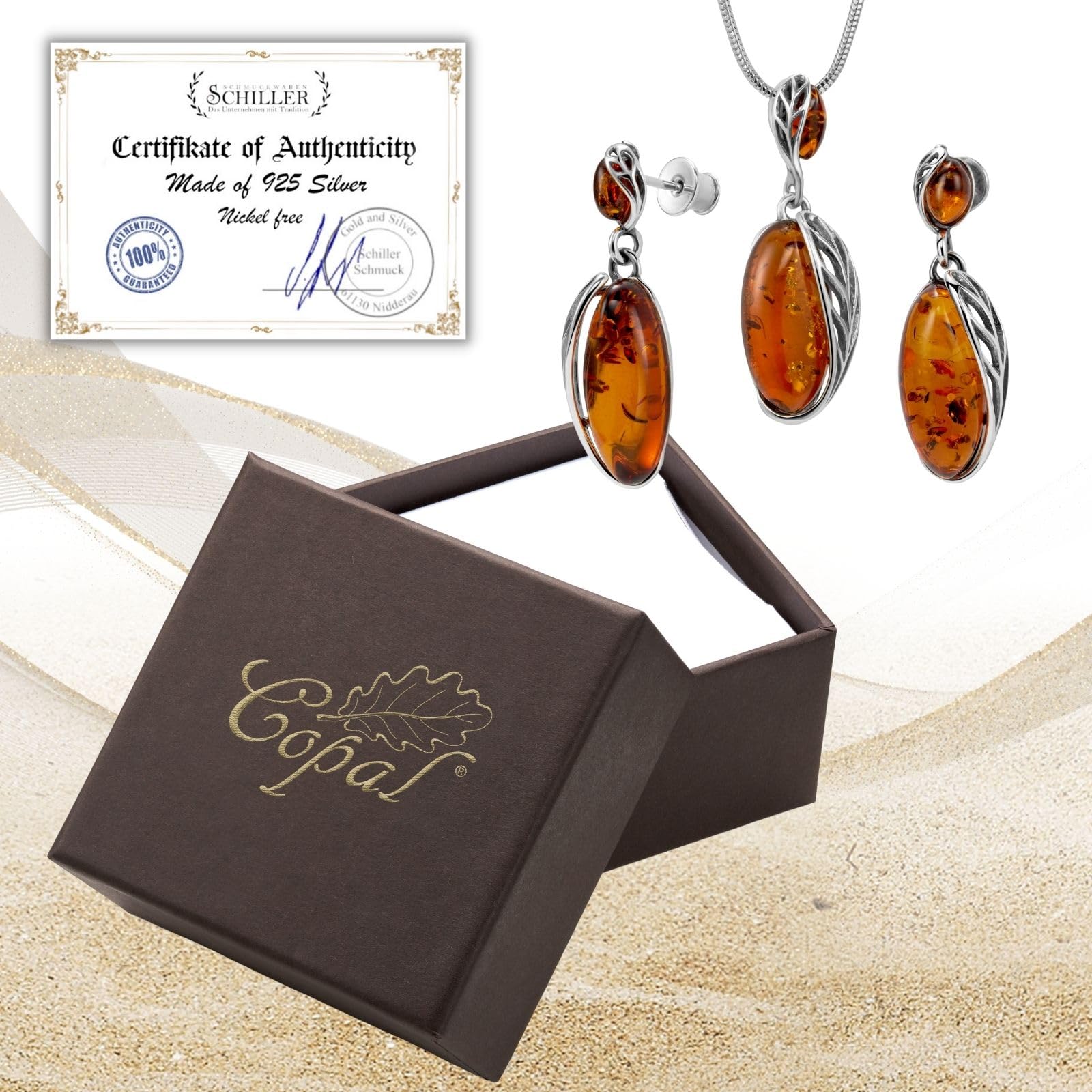 Damen Schmuckset Bernstein Echt Silber Mit Verstellbarer Schlangenkette