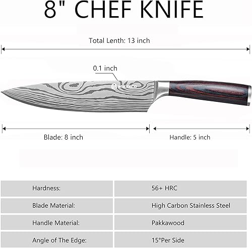 Miniatura 2 de Cuchillo de chef de 8 pulgadas, cuchillo de cocina afilado de acero inoxidable de alto carbono, cuchillo Gyuto mango ergonómico de madera, cuchillo