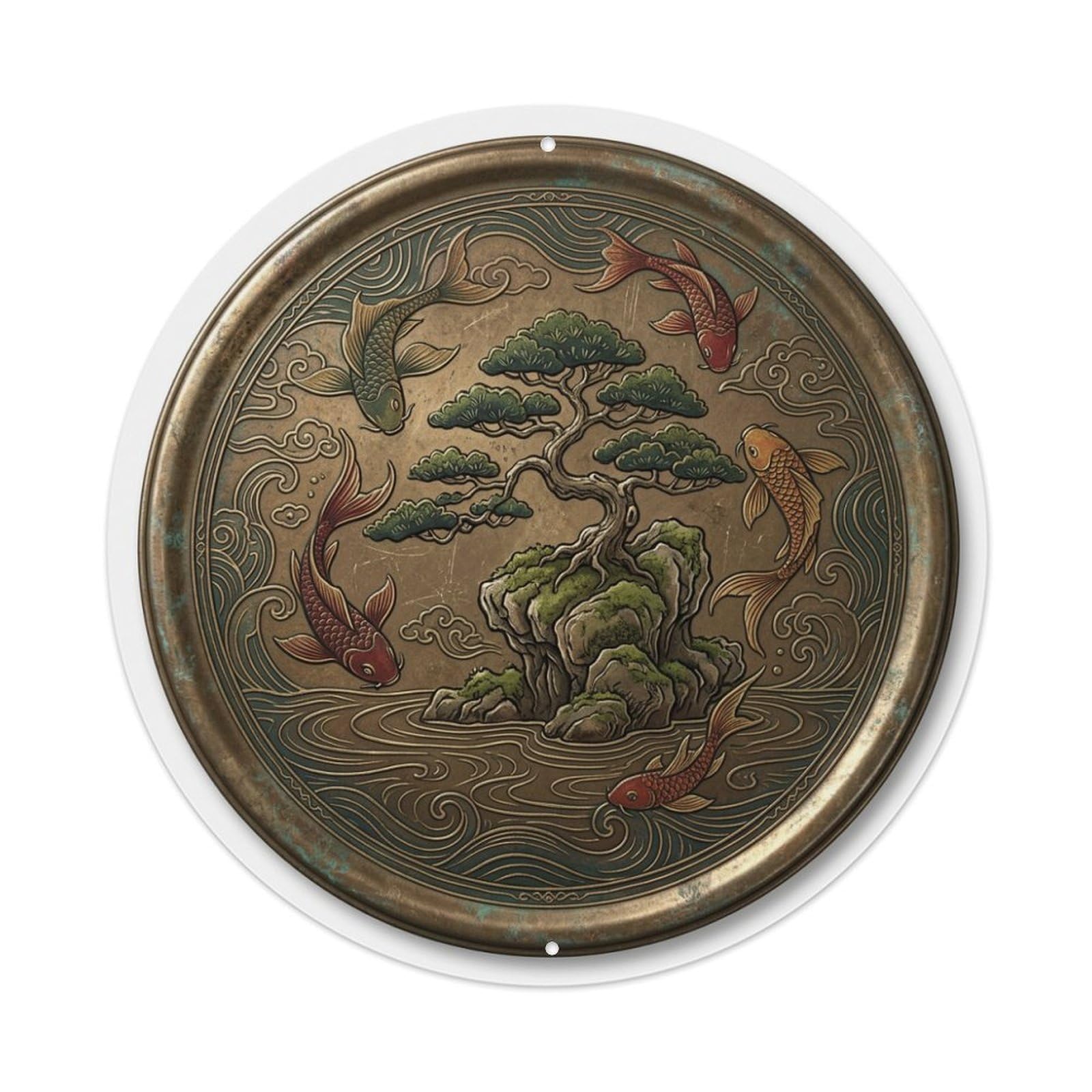 Bonsai Garden Zen Koi Fish Metal Tin Sign Plaque Wall Decor for Cafe, Club Bar, Office, Home Garden Round Metal Poster 8x8Inch