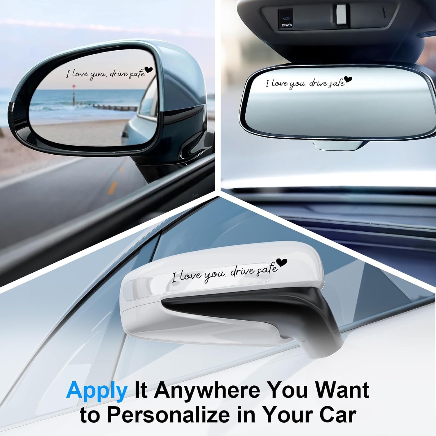 JUSTTOP 4PCS Car Decals,Vinyl Decorative Rearview Mirror Sticker,I Love You Drive Safe Mirror Decoration,Car Stickers and Decals,Car Decor for Women,Car Accessories,Direct-Stick(Black)