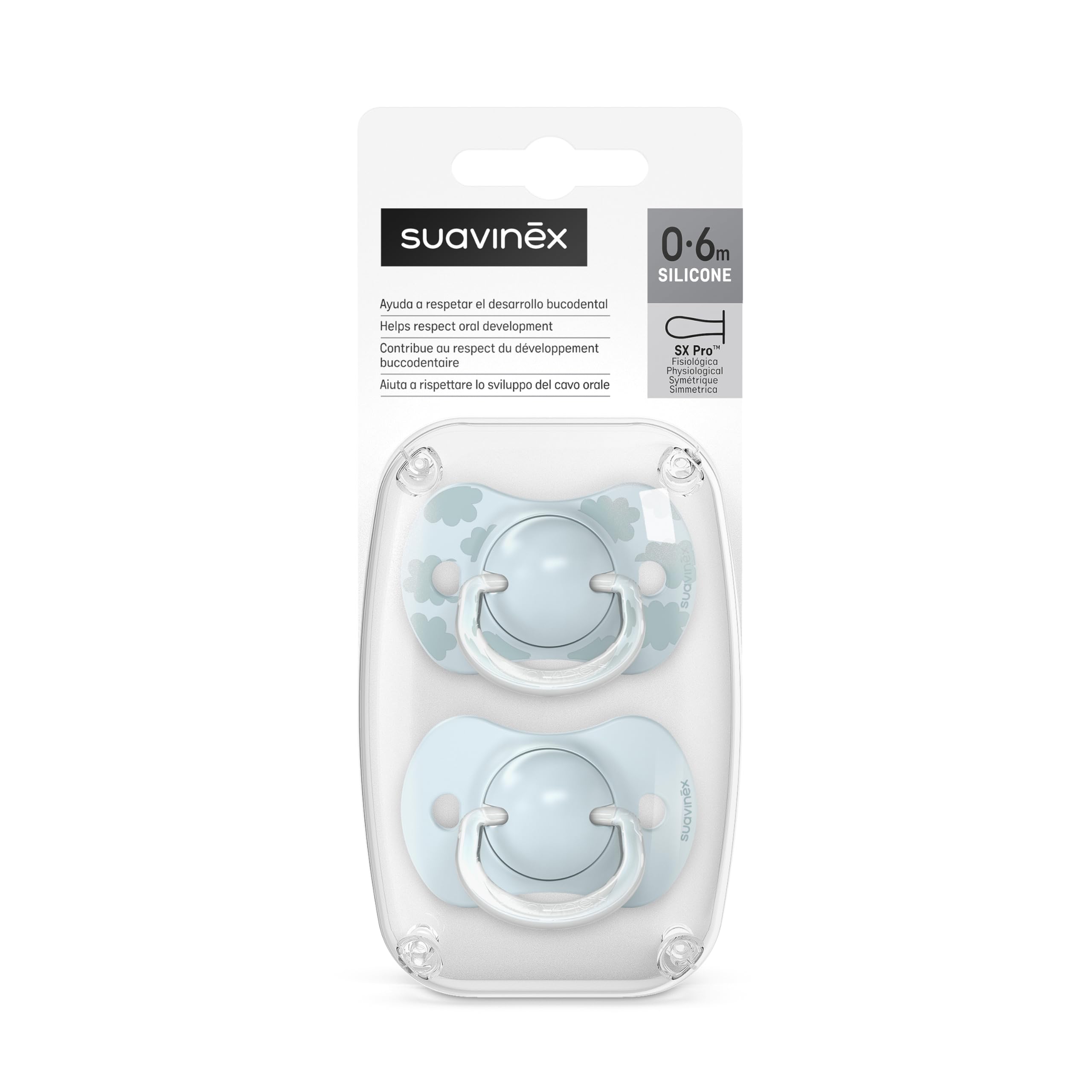 Suavinex Confezione da 2 Ciucci con Tettina Simmetrica in Silicone SX Pro, per Bambini 0-6 Mesi, Ciuccio Neonato, con Tettina Piatta e Flessibile, Dreams Azzurro