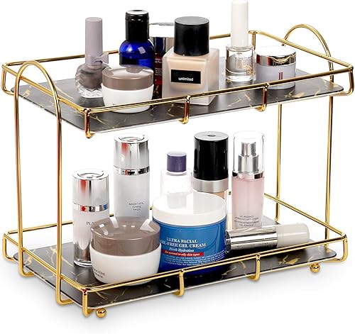 Miniatura 1 de Hacaroa Organizador de encimera de baño con bandeja de mármol, organizador de maquillaje de 2 niveles, bandeja de tocador de alambre, estante de