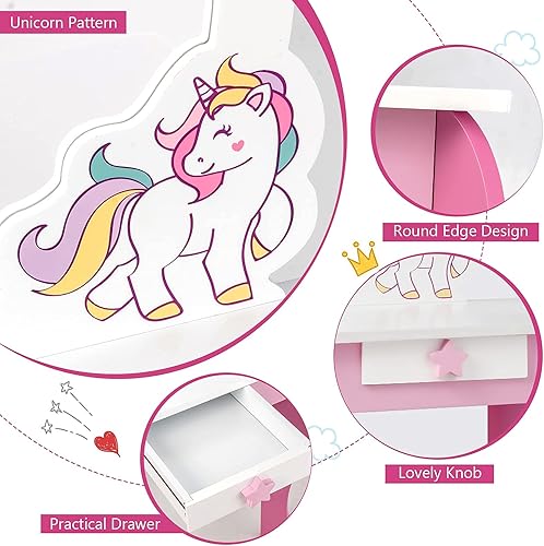 Miniatura 22 de HONEY JOY Unicorn Kids Vanity, mesa de maquillaje para niños pequeños con espejo y taburete, tocador de madera para niñas pequeñas, espejo