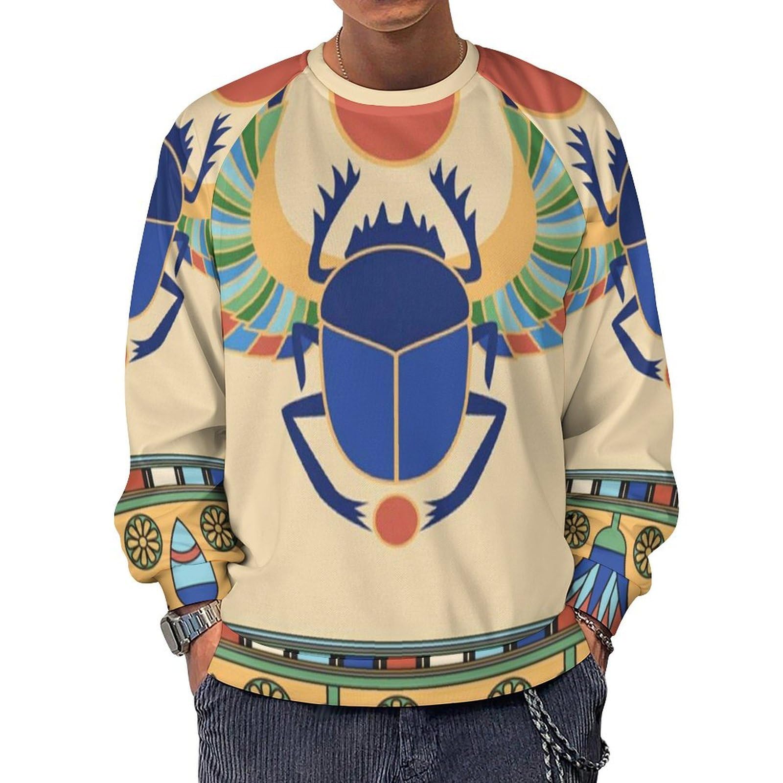 Jzemdybill Men's Egyptian Scarab Long-Sleeve Crewneck Sweatshirt, Lightweight Casual Jumpers For