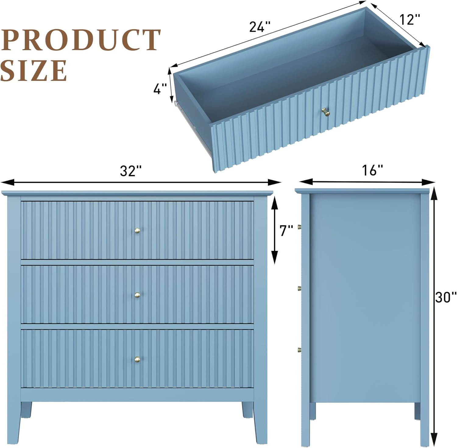 32" Lar Nightstand, Fluted Painted Bedside Table Spacious