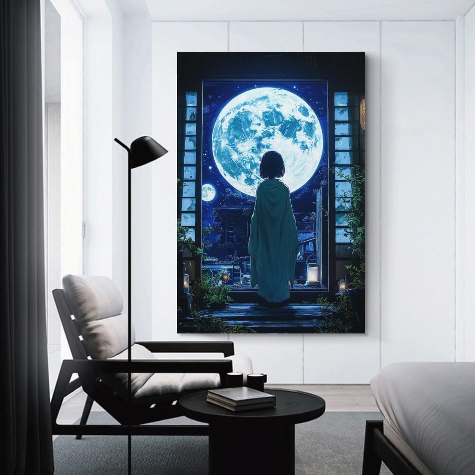 Junmoney Girl Gazing at The Moon Canvas Wall Decor, 24x36inch(60x90cm), for Flats, Guest Rooms Or Compact Rooms, Decorative Canvas Decor for Home Updates