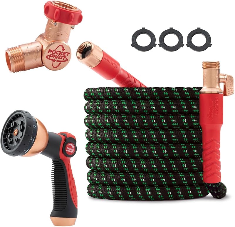 Pocket Hose Ballistic Double UV Edition 50 FT Expandable Garden Hose w/Pocket Pivot Swivel Connector, Anti-Burst Sleeve Reinforced w/Bulletproof Fiber, Lightweight, No-Kink, Compact, AS SEEN ON TV | 50 ft expandable hose with UV protection, anti-burst sleeve, Pivot swivel connector, and kink-resistant design