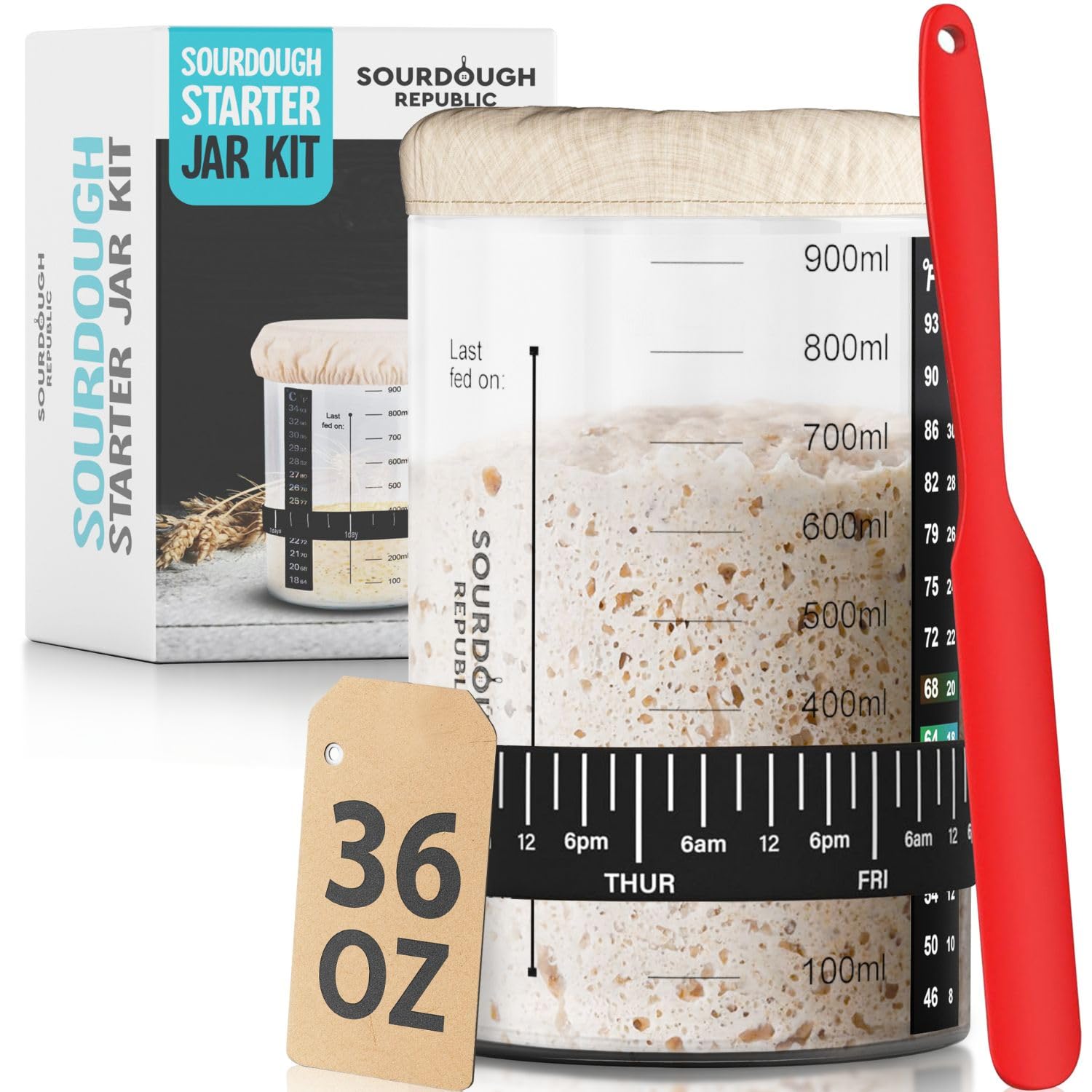 Sourdough Starter Jar Kit, 36 oz, Sourdough Bread Baking Supplies, Sourdough Starter Jar, Glass Sourdough Starter Crock, Wide Mouth Sourdough Jar, Glass Sourdough Container