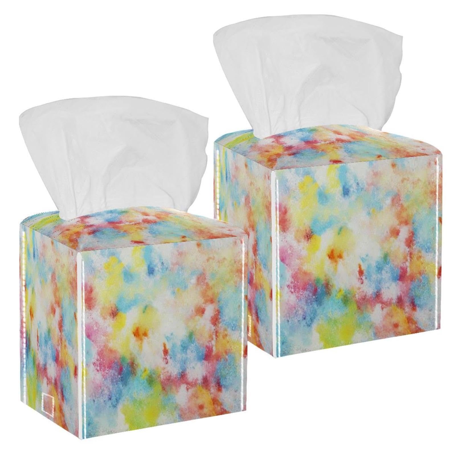 Watercolor Art Tissue Box Cover, 2 Pack PU Leather Square Facial Tissue Dispenser Box holder for Home Office Car