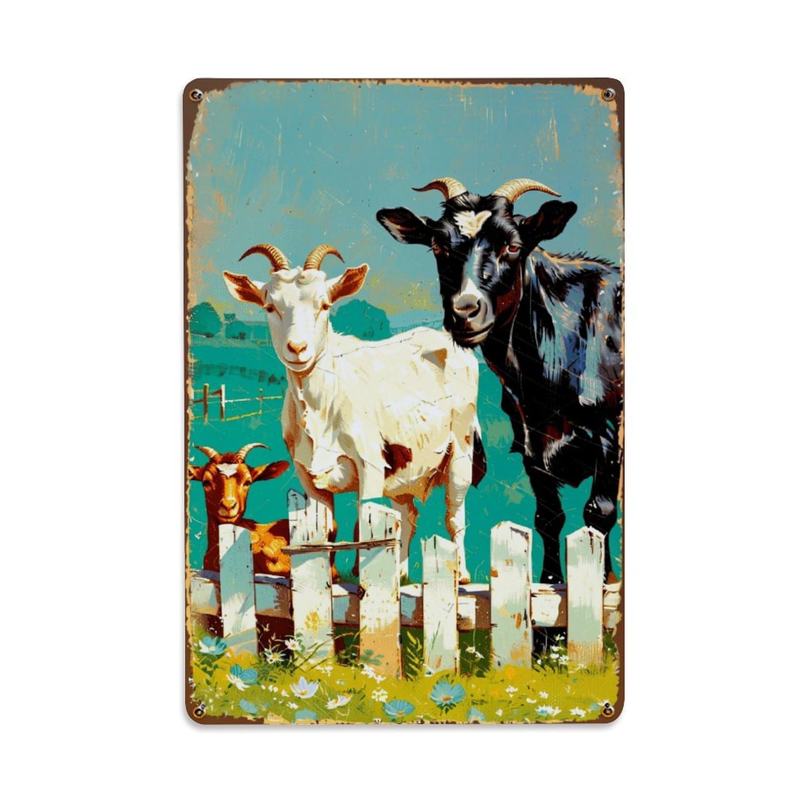 Jdyaojiesheng Vintage Goat Farm Scene Art Print Tin Sign Retro Metal Wall Decor Metal Poster, Home Bar Garage Farmhouse Cafe Wall Art Decoration 8X12inches
