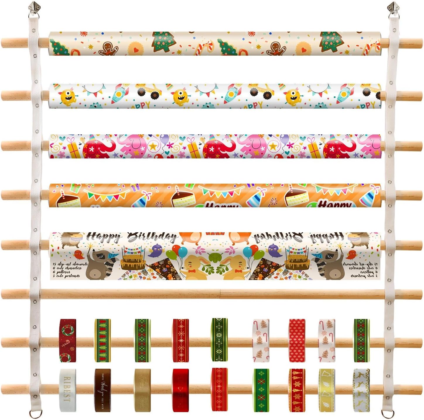 COZFUR Wooden Ribbon Holder Organizer Rack, 8 Tier Wall Mounted Gift Wrapping Holder, Ribbon Spool Dispenser for Craft Room, Flower Shop