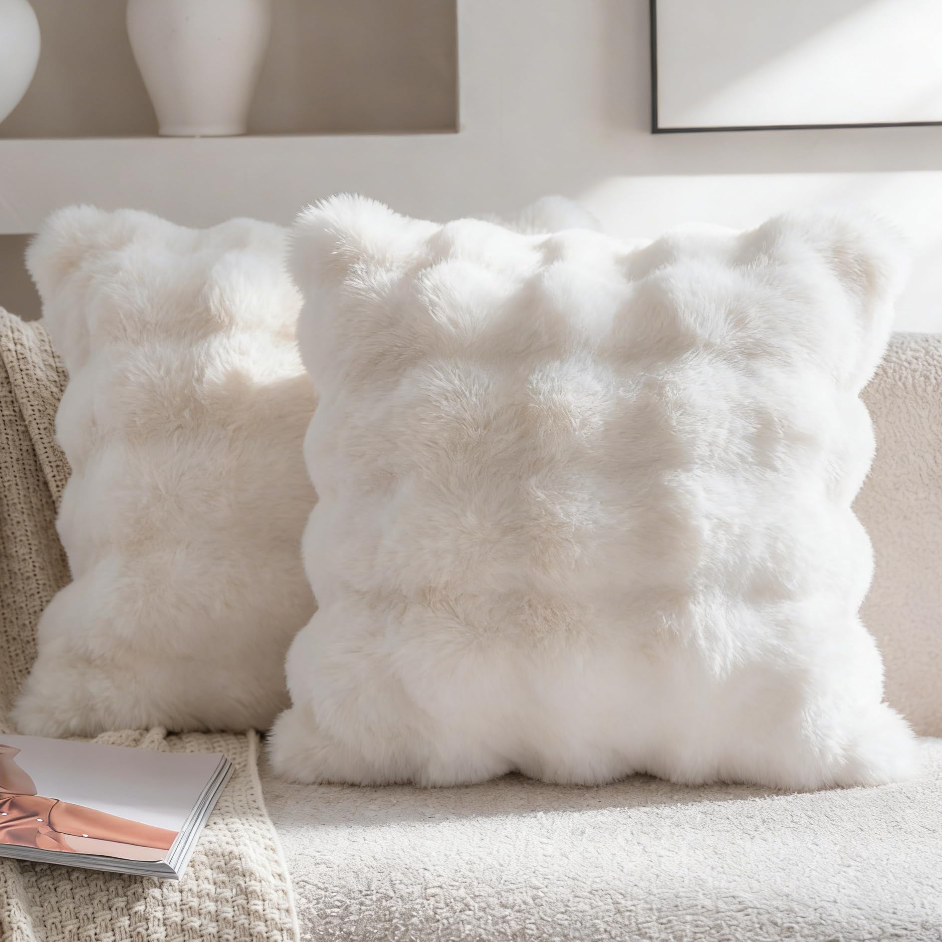 Neelvin Set of 2 Decorative Cushion Covers Thick Plush Wool White Throw Pillow Covers 40x40 cm,16x16 Inches Pillowcase Plush fluffy for Couch Livingroom Sofa Bedroom