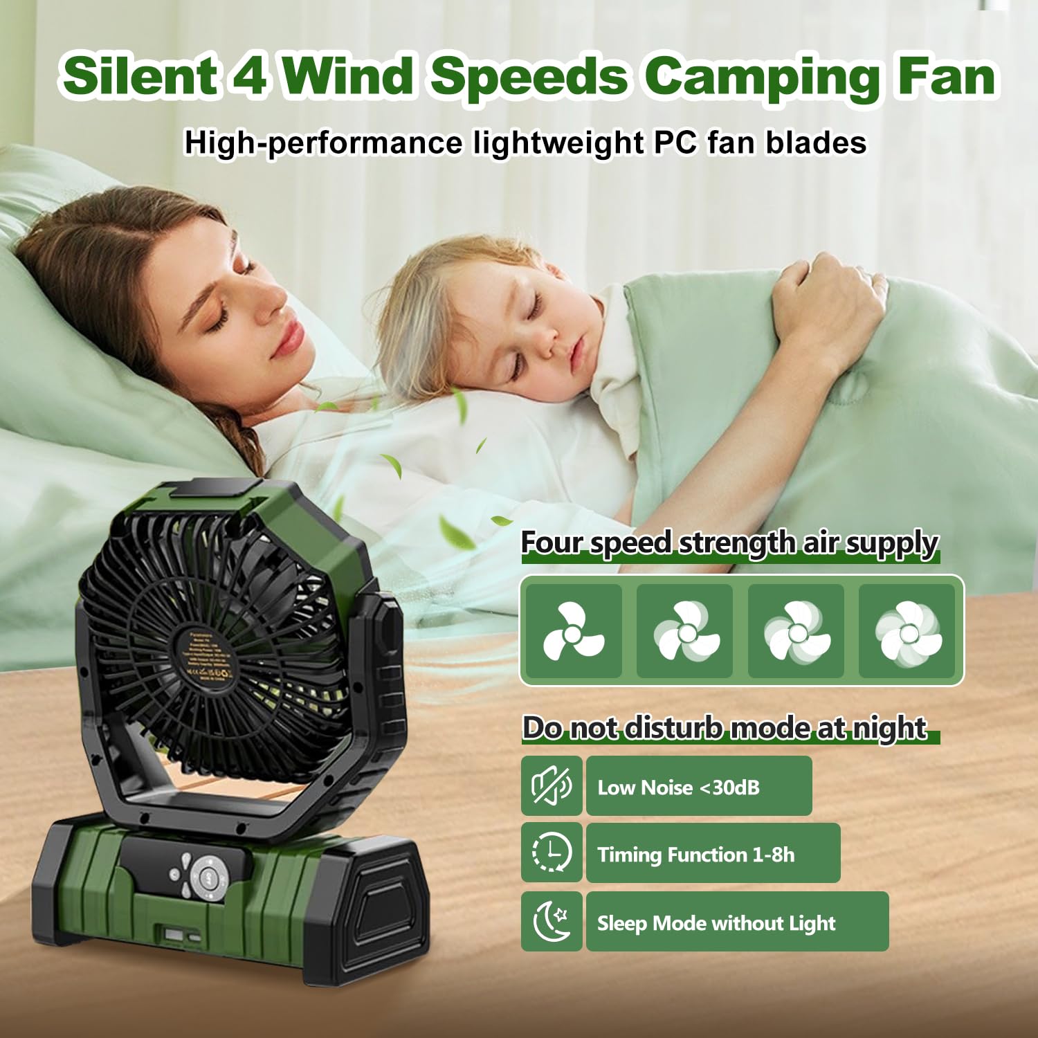 Ventilador de camping recargable, F6 20000 mAh, ventilador portátil para exteriores con linterna LED, funciona con pilas inalámbricas, gancho colgante de 360°, ventilador de escritorio de 4