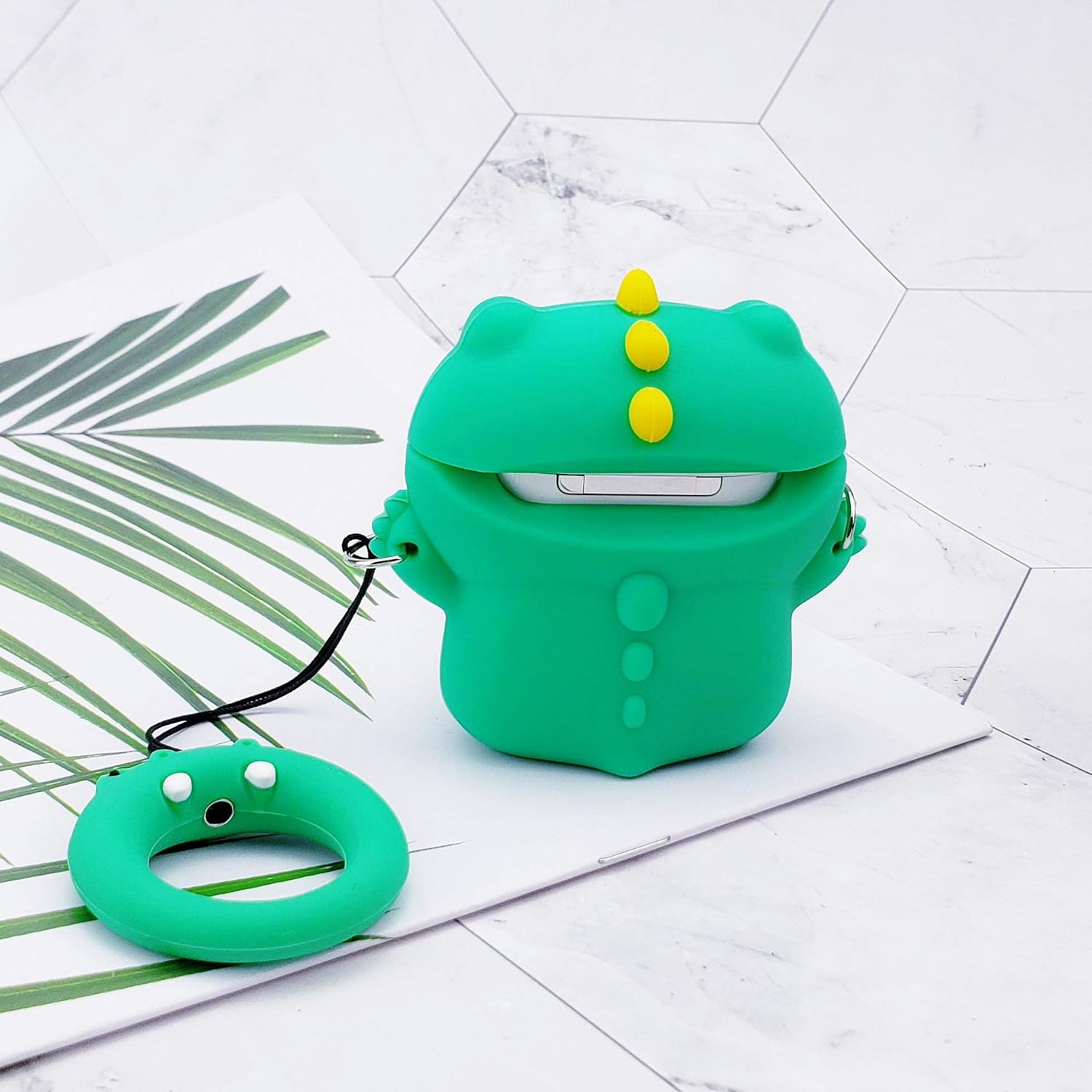 MOLOVA Case for Airpods 1&2, Soft Silicone 3D Cute Funny Cool Cartoon Animal Character Kawaii Airpods Cover Shock Proof Case with Ring Rope Keychain for Kids Girls Teens(Green Dinosaur)