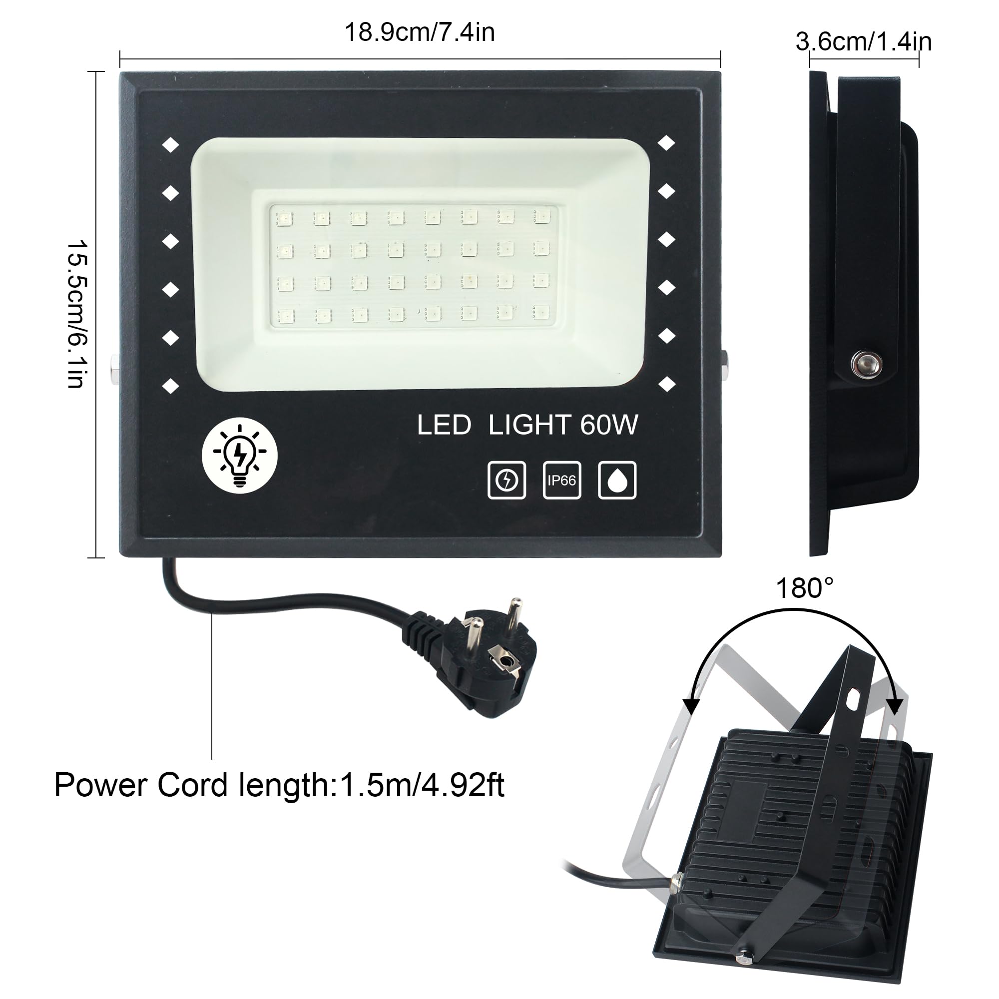 Foco LED RGB Exterior 60W, Control por App Bluetooth y Mando a Distancia, IP66 Impermeable, Multicolor, Proyector para Jardín y Terraza, 2 Unidades