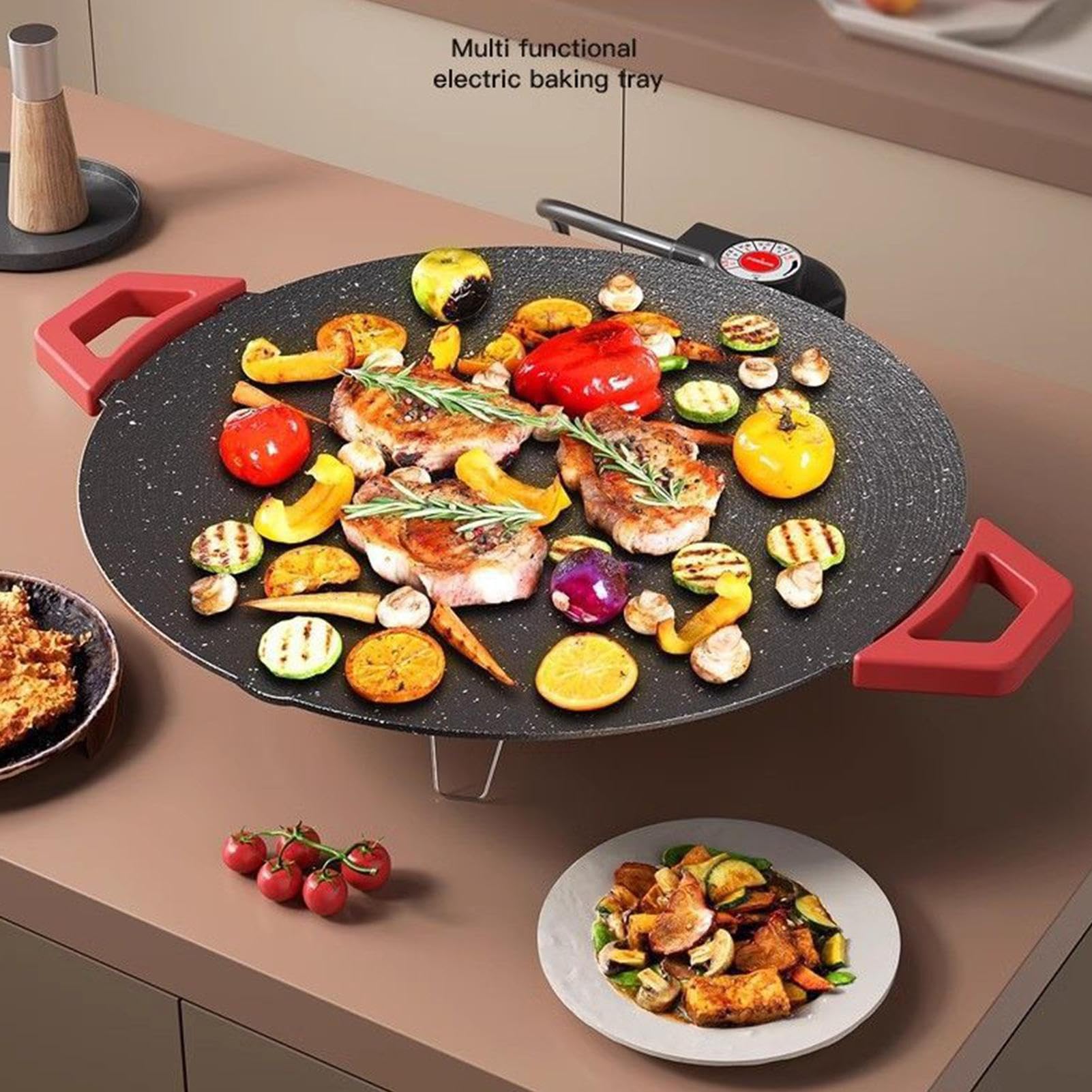 Plancha Eléctrica De Interior Sartén Portátil Antiadherente | Parrilla Eléctrica Con Cepillo De Y Tenazas Para BBQ para Barbacoa de Cocina, Desayuno, Filete, Tortitas, Hamburguesas y