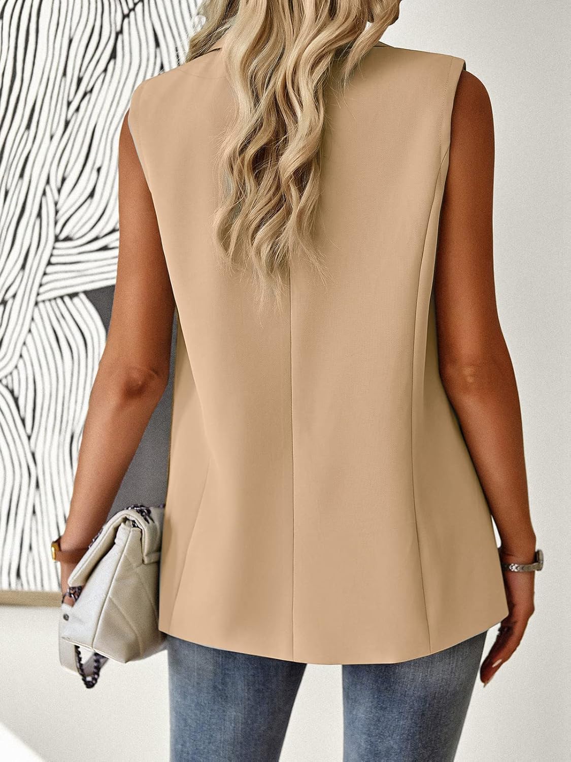 Women's Sleeveless Blazer Vest Casual Open Front Button Vest Lapel Office Cardigan Blazer With Pockets Khaki M - Image 5