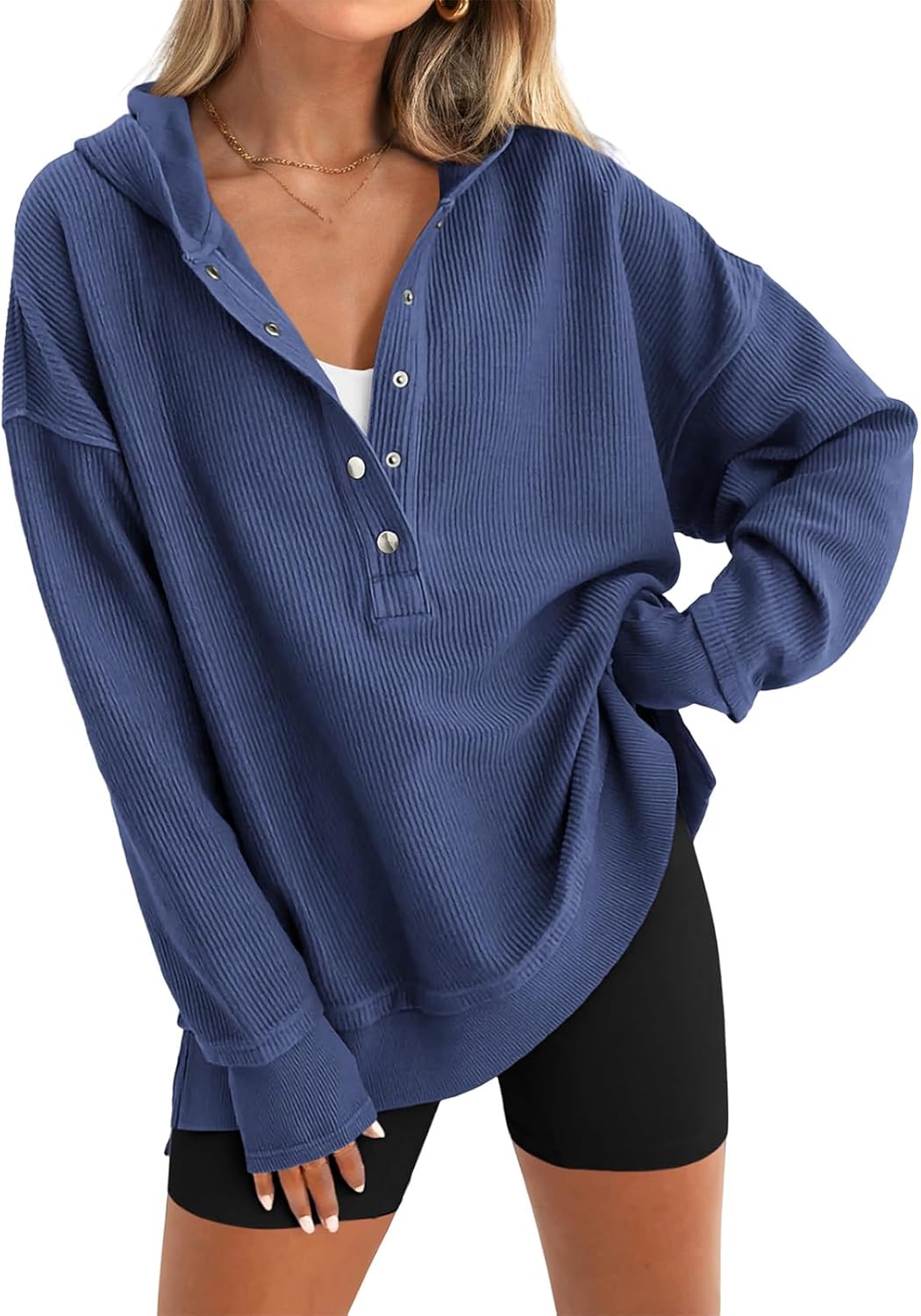 Oversized Hoodies for Women Waffle Knit Button V Neck Sweatshirt Side Slit Casual Long Sleeve Pullover Shirts Tops