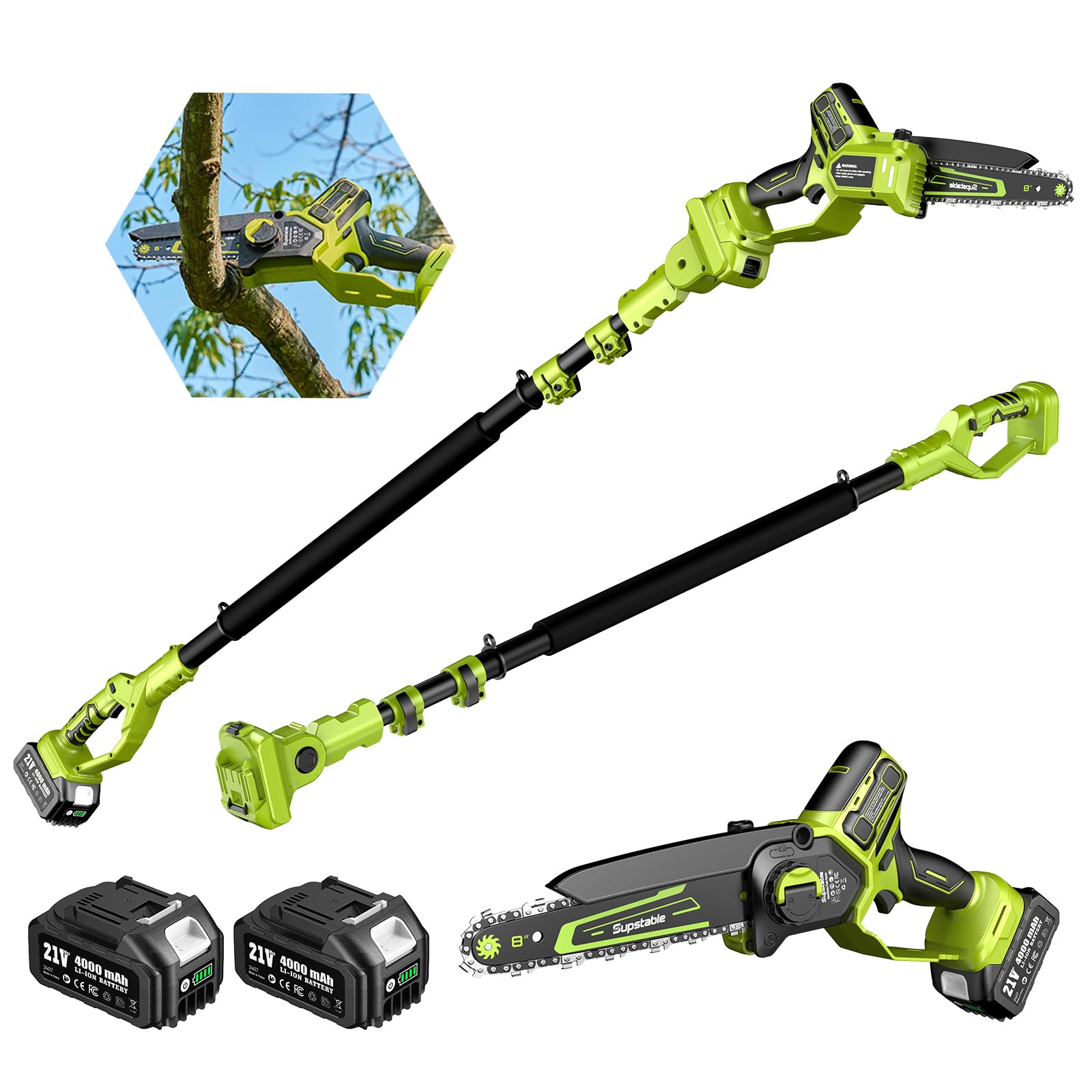 Electric Pole Saws for Tree Trimming, 8" & 6" Mini Chainsaw Battery Powered with Extended Pole and 2x4.0Ah Batteries, Cordless Pole Chainsaw Max Reach 16 Feet, Tree Trimmer Limb Branch Cutter Pruner