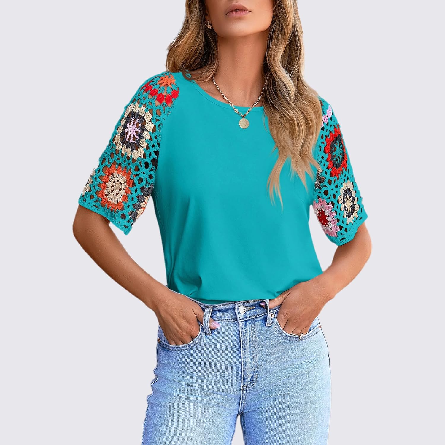 Chvity Crochet Shirts for Women Crewneck Shirt Floral Short Sleeve Casual Pullover Blouse Summer Tops - Image 2