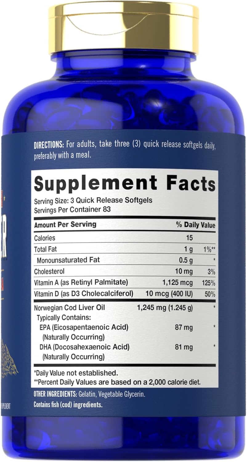 Carlyle Cod Liver Oil Softgels | 1245mg | 250 Count | with EPA and DHA | Norwegian | Non GMO, Gluten Free Supplement - Image 2