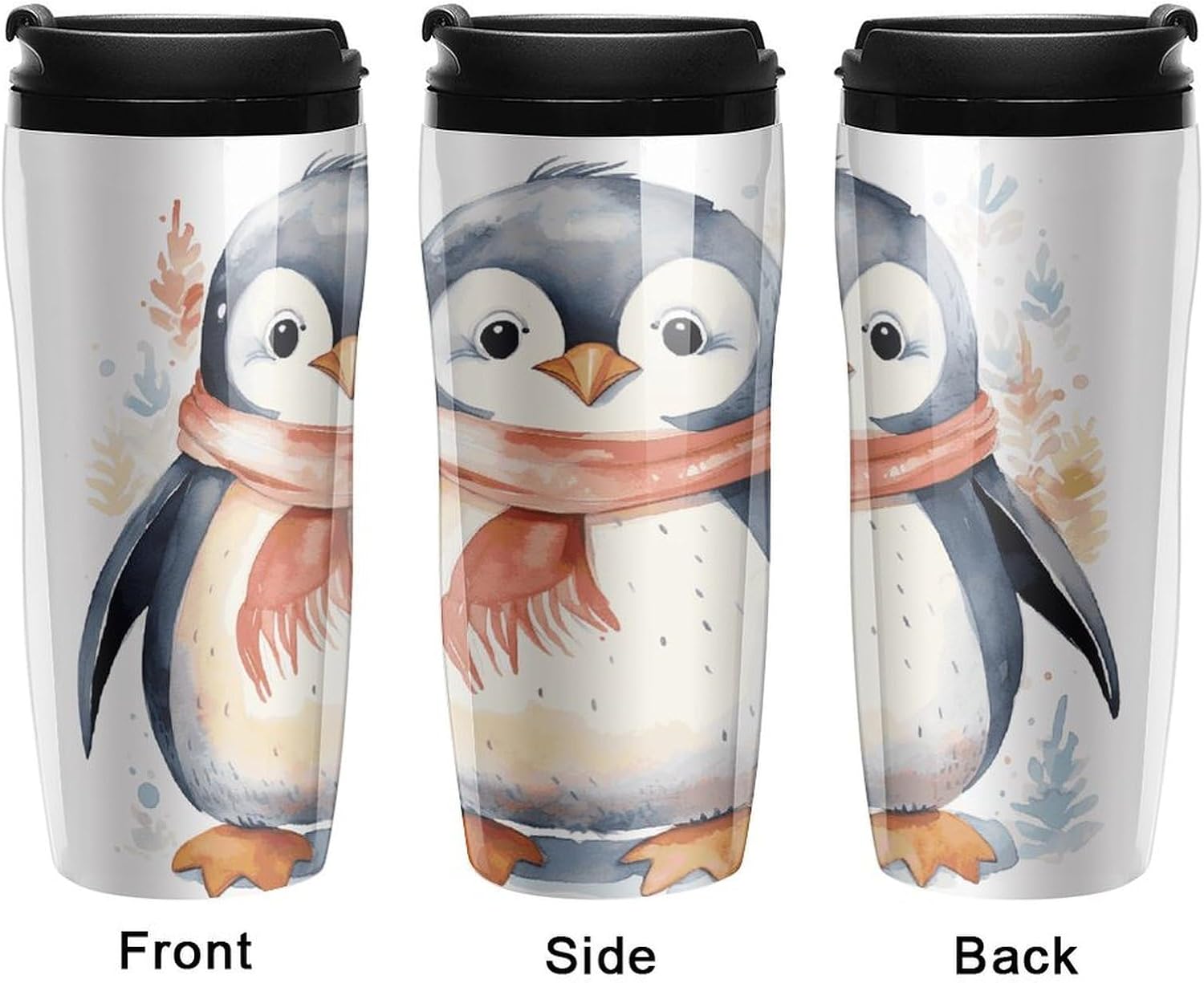 Cute Cartoon Penguin Coffee Cup Reusable Portable Water Bottle with Double-Walled Plastic,Coffee Mug for Hot & Cold Drinks, Cup Holder Friendly 350ml