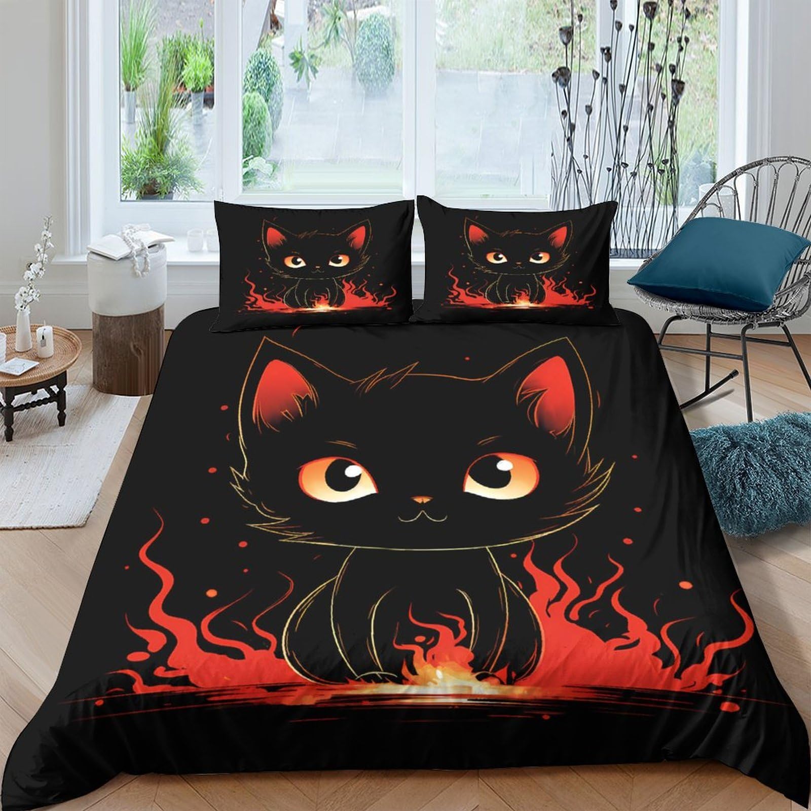 XFKLYNVCJ 3D Printed Cute black cat Duvet Cover Soft Fabric Cartoon fantasy style Bedding Cover Hypoallergenic Wrinkle Resistant Breathable Machine Washable for Home Use Super king（260x220cm）