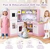 HOMASIS Corner Children's Wooden Play Kitchen with Light Sound & Steam Includes 16 Accessories Toy Kitchen with Sink Stove Oven Microwave Ice Maker Fridge Board Kitchen Play Set for Ages 3 and Up (Pink)